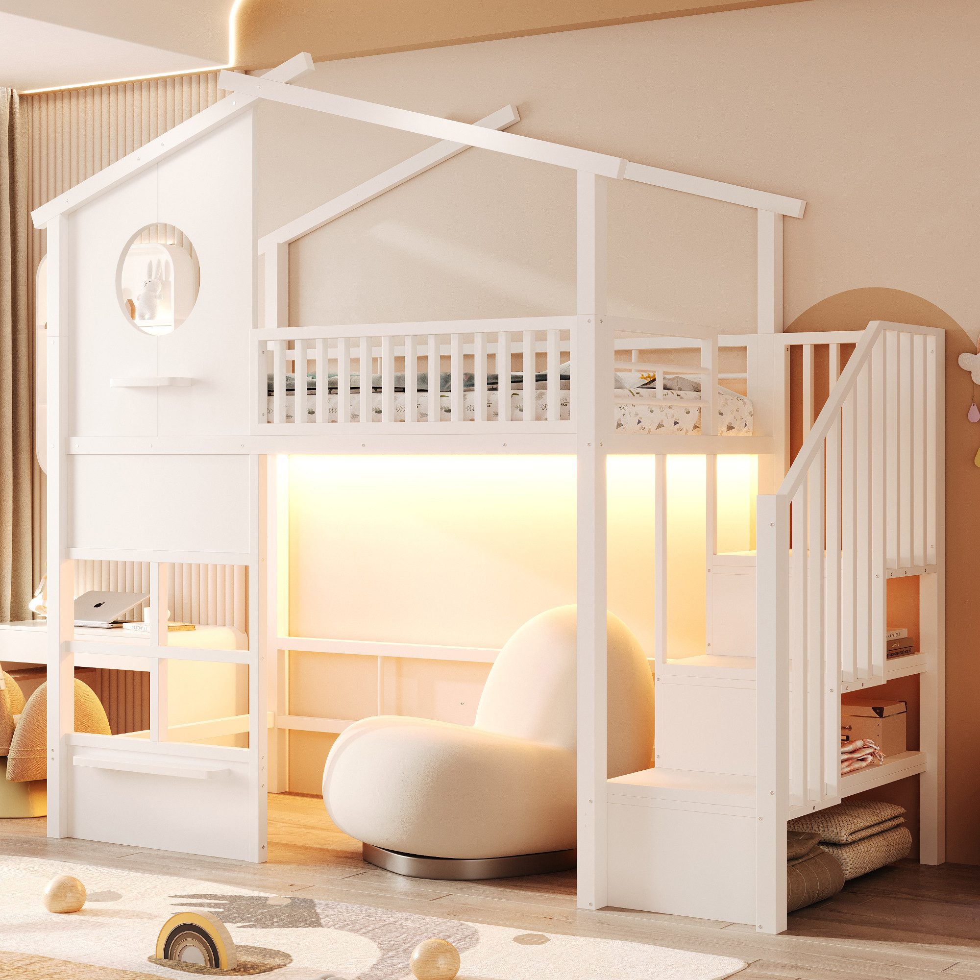 Flieks Hochbett Metall Kinderbett 90×200cm Hausform mit LED-Lichtleiste Stauraumtreppe