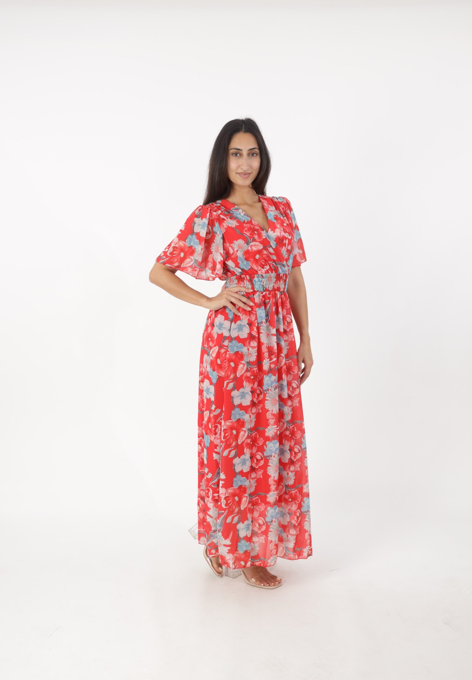 Elara Maxikleid — Damen Sommerkleid mit Blumenmuster, V-Ausschnitt und Volantärmeln