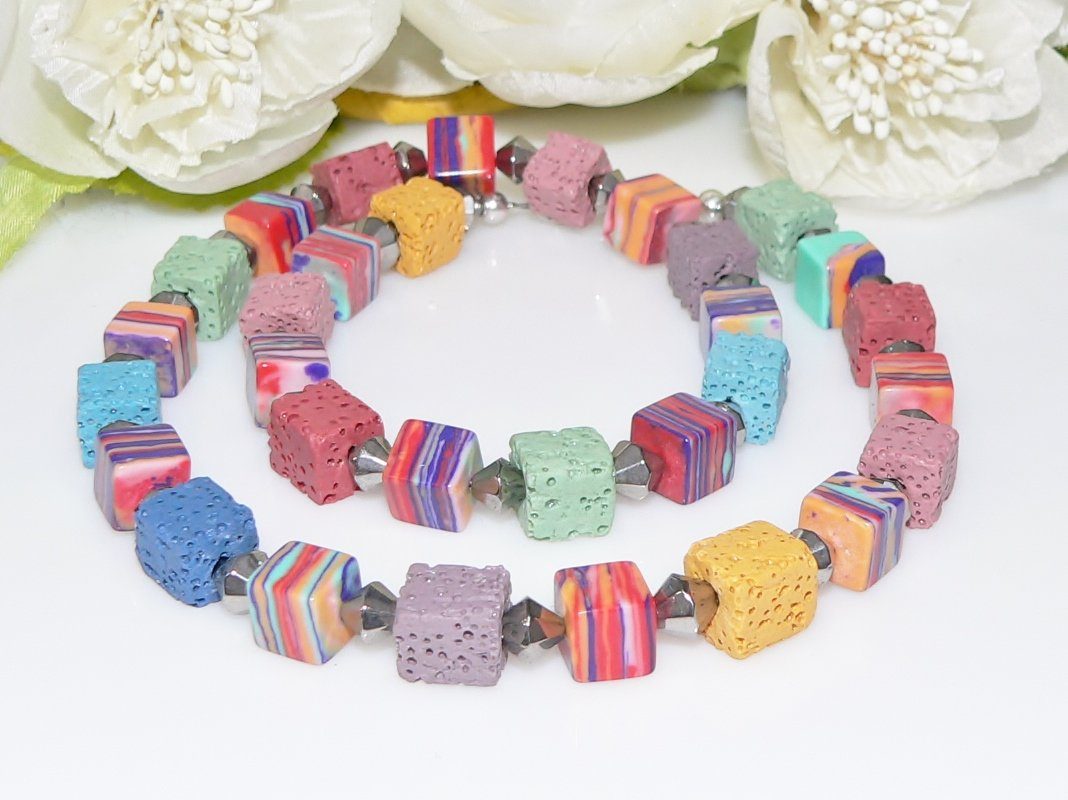 traumschmuck Kette ohne Anhänger 112a Würfelkette Collier Malachit Style Lava mehrfarbig (incl. Schmuckbox), handgefertigt, Made in Germany
