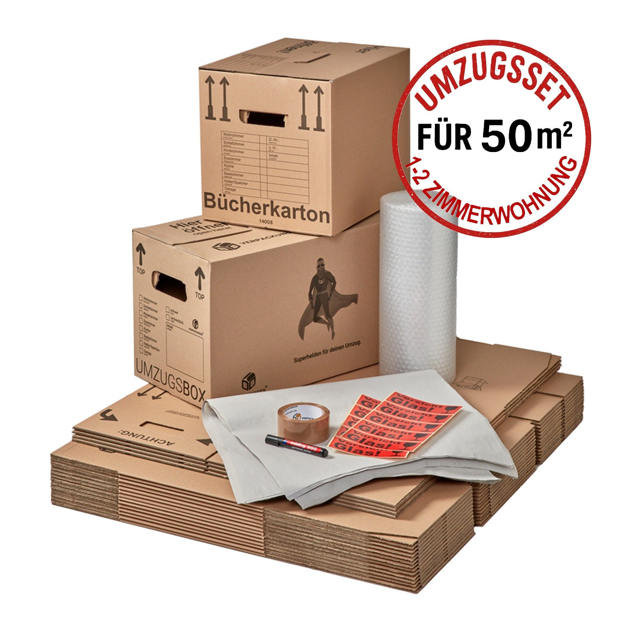 BB-Verpackungen Umzugskarton Umzugskomplettpaket Umzugsset, 1 bis 2 Zimmer-Wohnung, für 50 m²