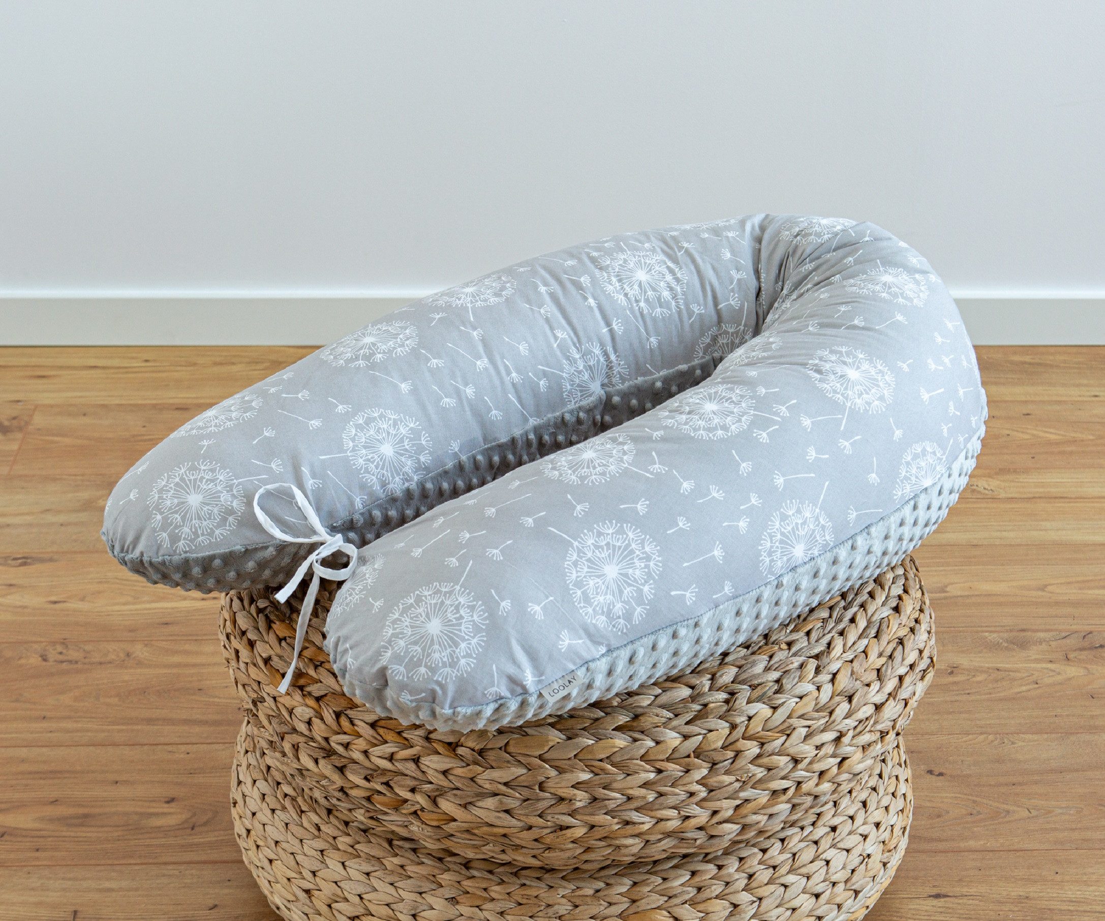 Loolay Seitenschläferkissen PUSTELBLUME Grau Baumwolle/ MINKY Schwangerschaftskissen Kissen, WEICH oder EPS Kügelchen Füllung, 170 oder 190 cm SIZE-Standard, Stillkissen + Kissenbezug abnehmbar mit Reißverschluss!, LOOLAY® 100% Europäische Stoffe und Klei