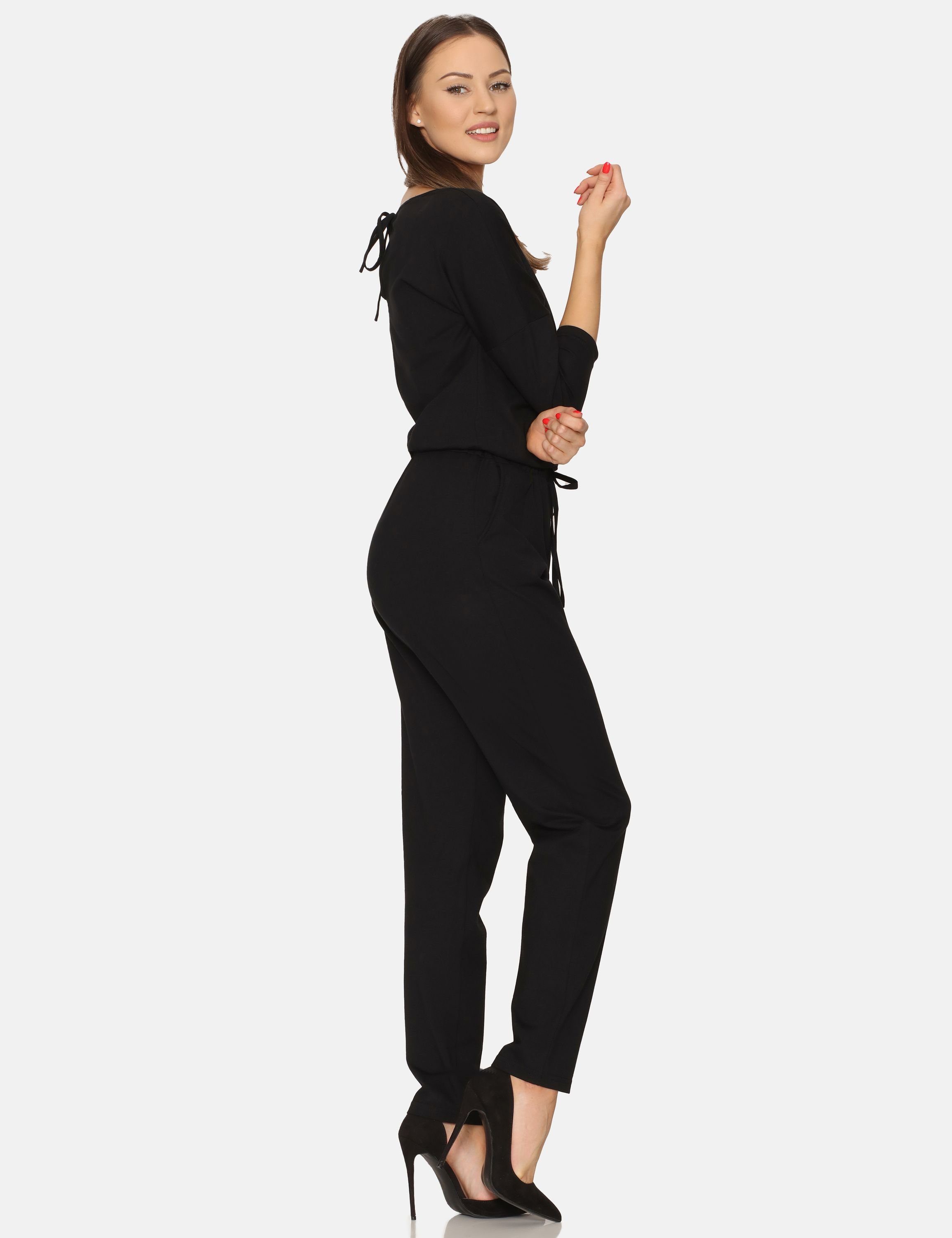 Bellivalini Jumpsuit Damen (1-tlg) Einteiler BLV50-212 Freizeitanzug mit Hosenanzug Schwarz Jumpsuit Bindegürtel