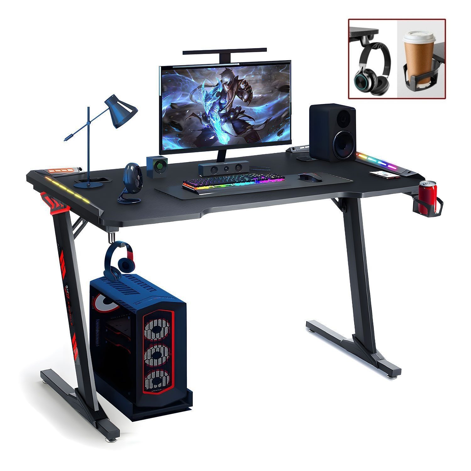 WILGOON Gamingtisch Gaming Tisch mit LED, Tisch Schreibtisch mit Kohlefaser Oberfläche (1-St., Gamingtisch mit USB-Anschluss, Getränkehalter und Kopfhörerhalter), 120 / 140 x 60 cm Gamer Tisch, Z-Frame Gaming Schreibtisch