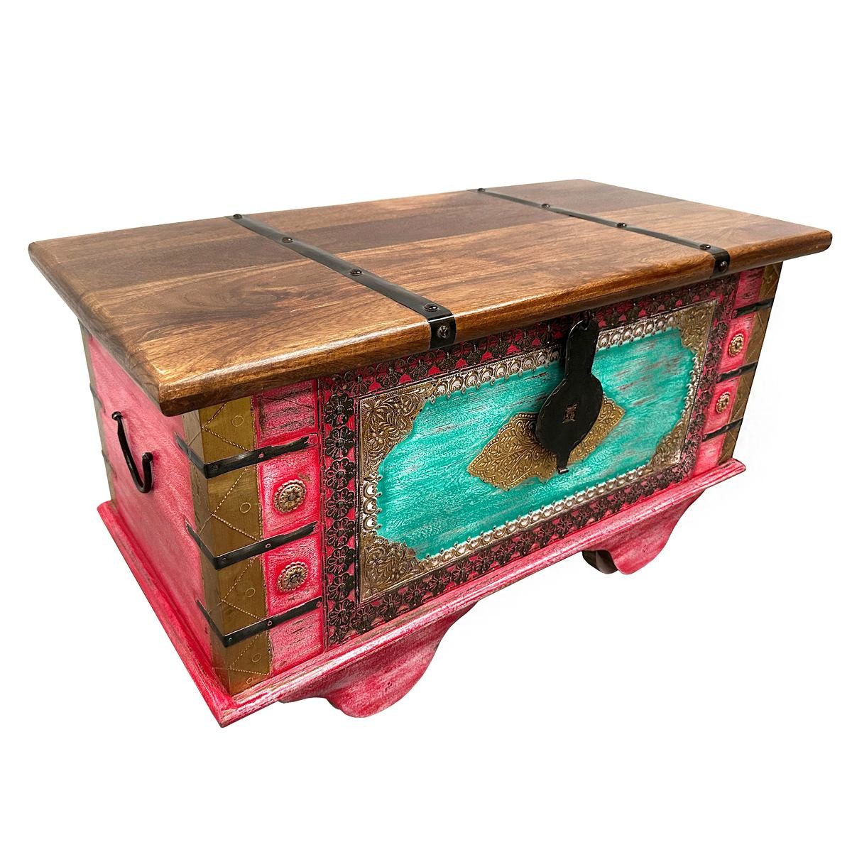 Oriental Galerie Truhe Indische Truhe Rot Braun 80cm, Beistelltisch, Holztruhe, Antik, Wäschetruhe, Möbeltruhe, Holzkiste