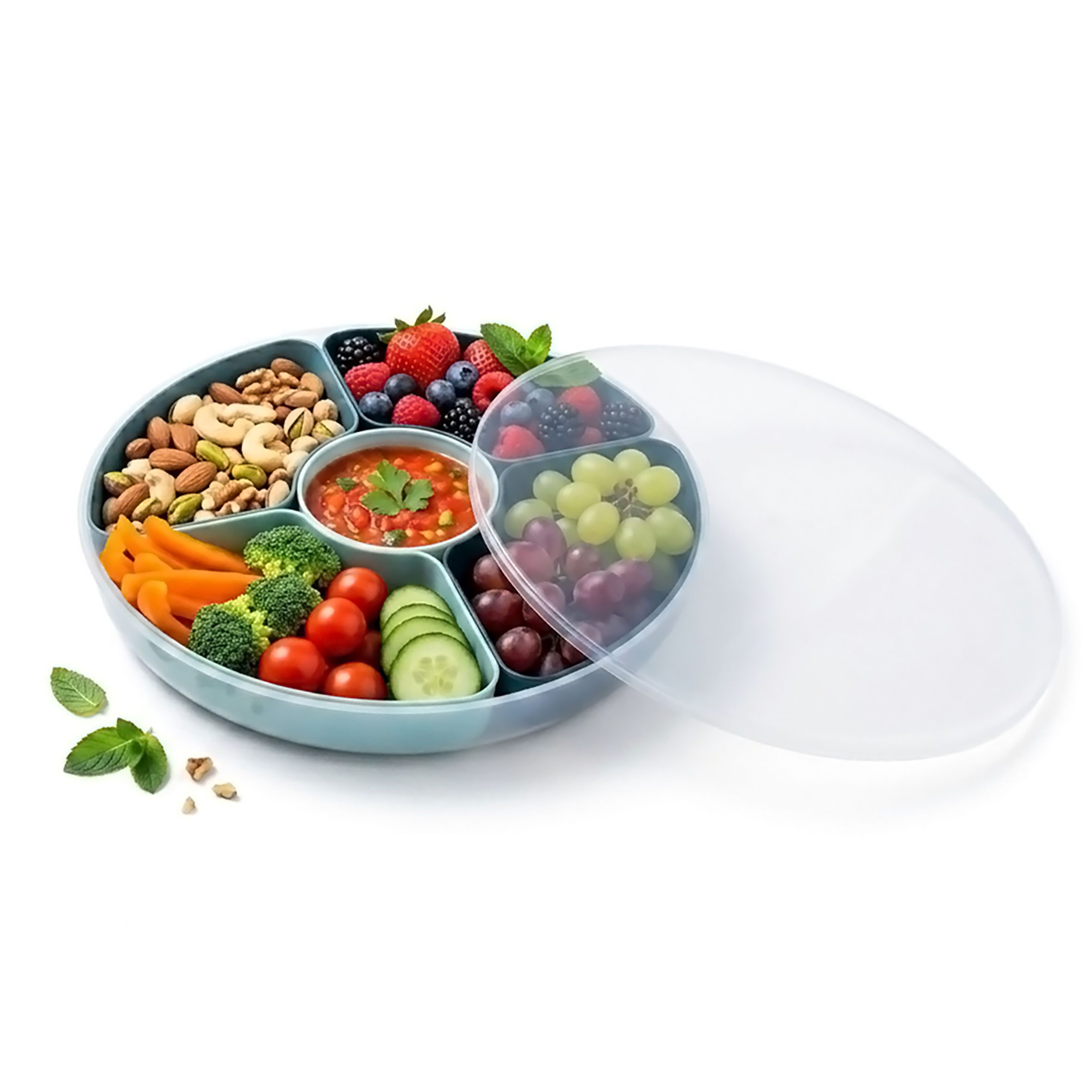 Spetebo Lunchbox Snackbox transparent mit 5 Fächern und Deckel, Kunststoff, (Anzahl, 1-tlg., 30 cm), Snackteller rund mit 5 entnehmbaren Snackschalen in grün