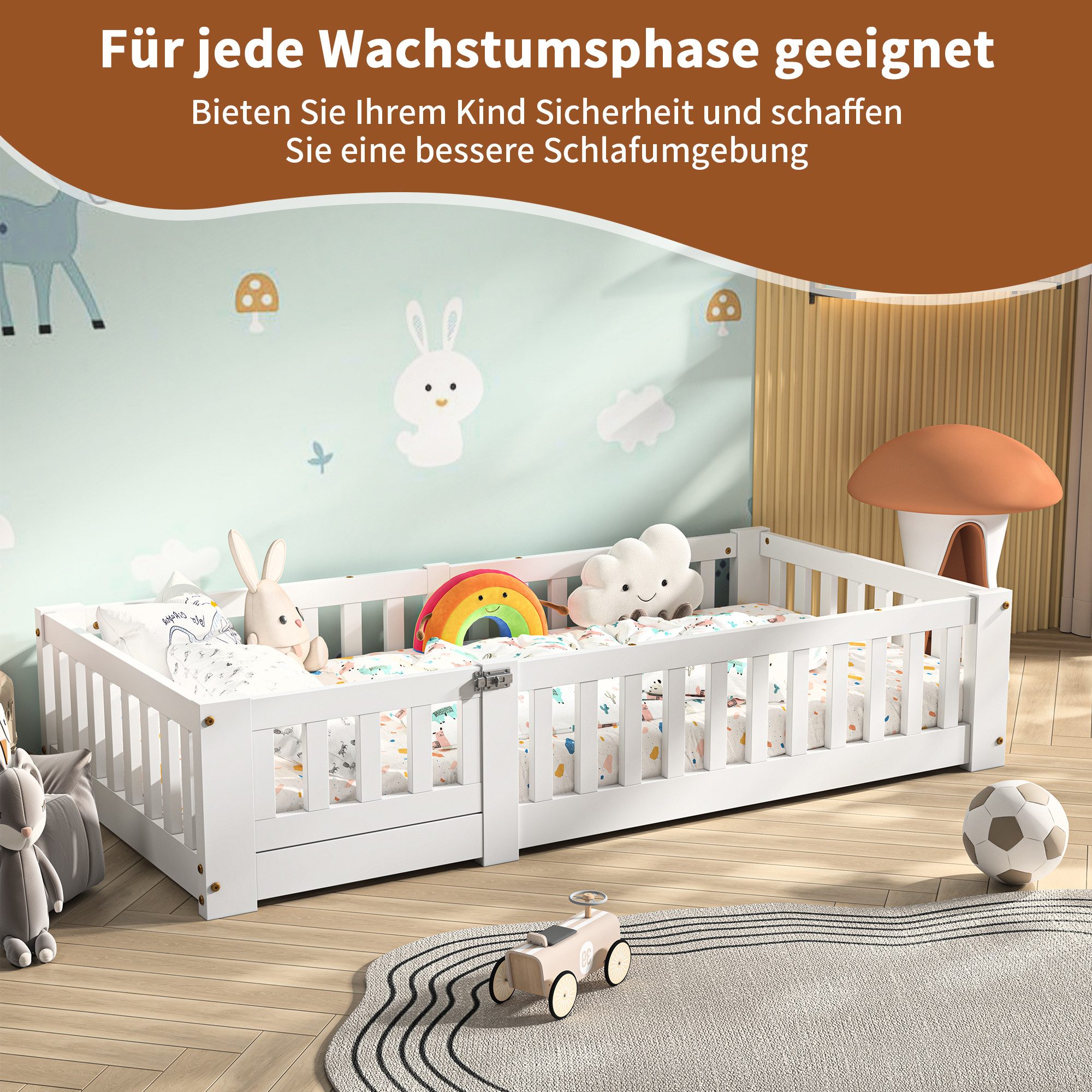 Simurq Einzelbett Kinderbett Einzelbett Bodenbett Montessori-Bett (Inklusive Lattenrost, Keine Matratze), Sicherheitsgitter, Kiefernholz, Weiß, 80x160 cm
