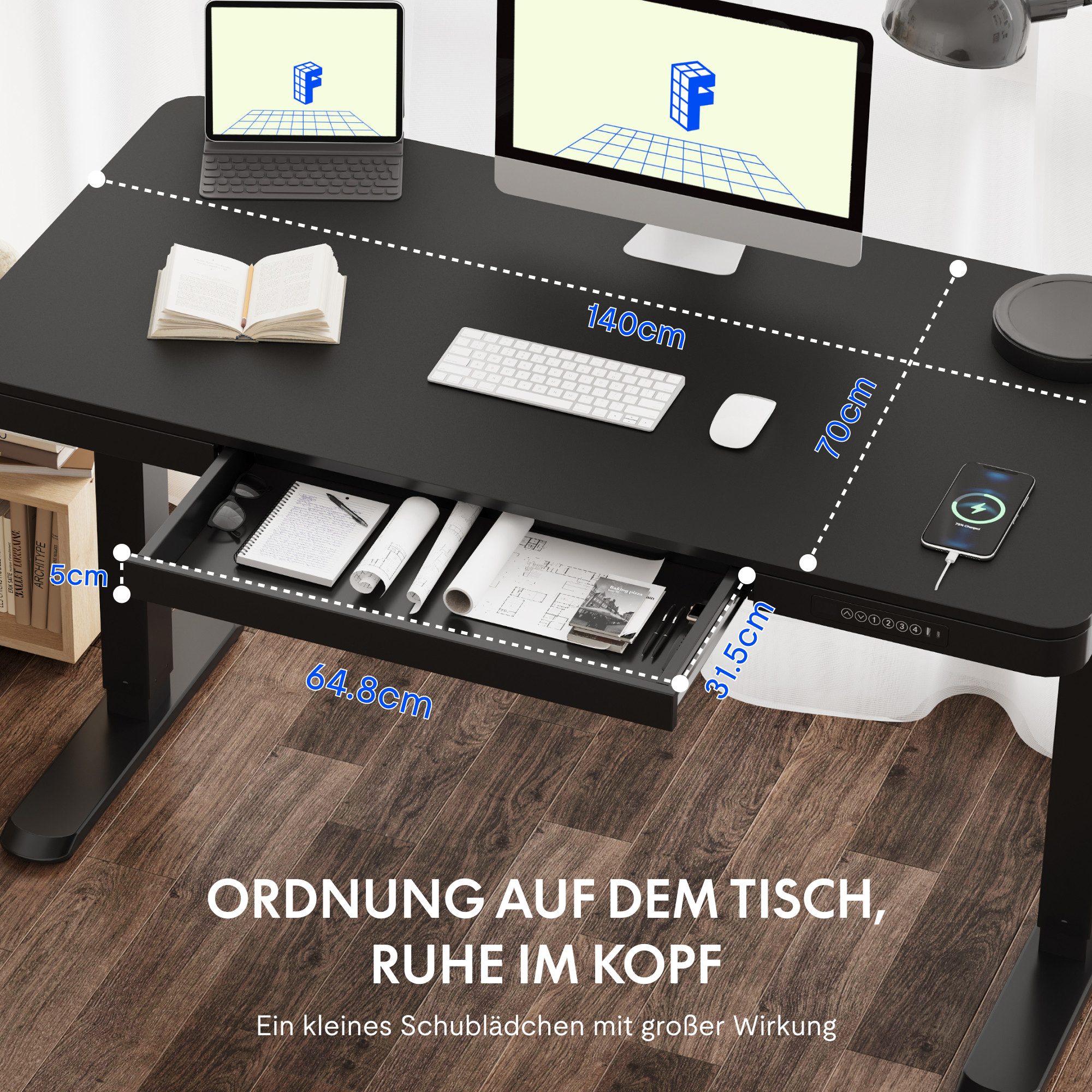 FLEXISPOT Schreibtisch Höhenverstellbarer Schreibtisch MIT Schubladen (mit LED-Höhenanzeige, 4 Speicherhöhen, Anti-Kollisionssystem, USB-C Anschluss), EINFACHE  – Bild 4 von 5
