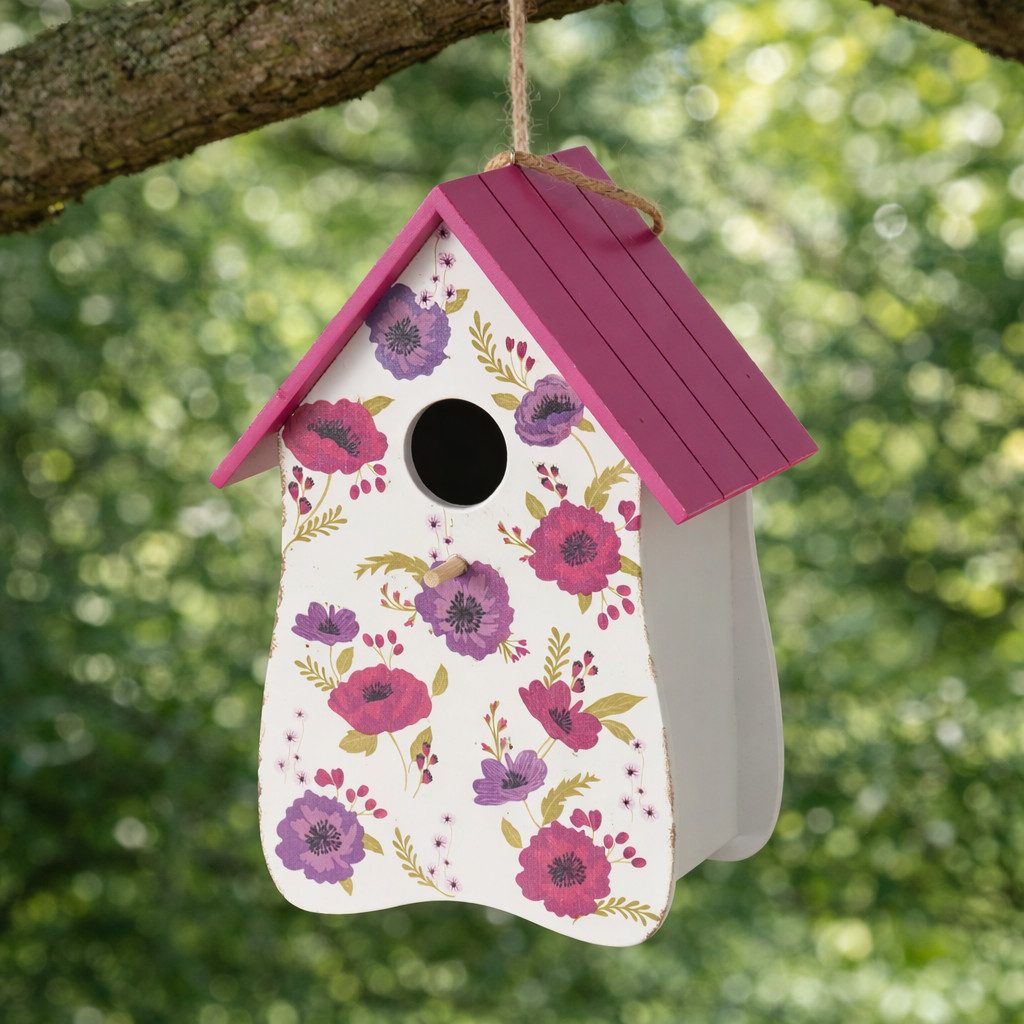 BOLTZE Vogelhaus Vogelhaus Holz Anouk Bambus Pink Floral Garten Vogelhaus zum Aufhängen