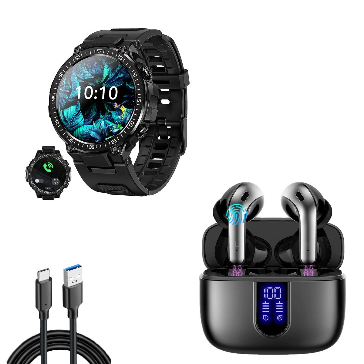 HYIEAR Smartwatches für Damen und Herren, kabellose In-Ear-Kopfhörer 5.3 Smartwatch (Android), mit austauschbaren Armbandern, Ladekabeln Drei Paar Ohrstöpsel, Sportarmband, Fitnessuhr