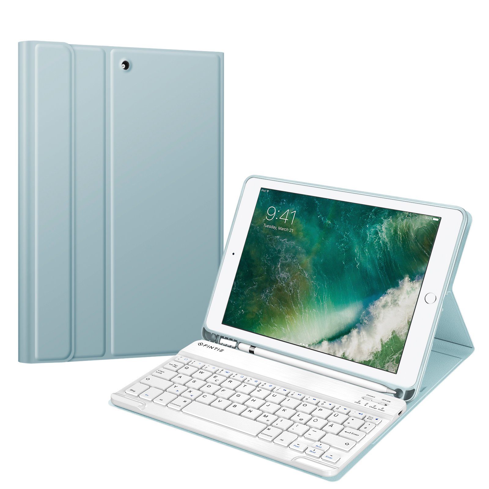 Fintie Tablet-Hülle für iPad 9.7 2018 (6. Gen) mit magnetisch QWERTZ Bluetooth Tastatur, Soft TPU Rückseite Gehäuse Keyboard Case mit eingebautem Pencil Halter