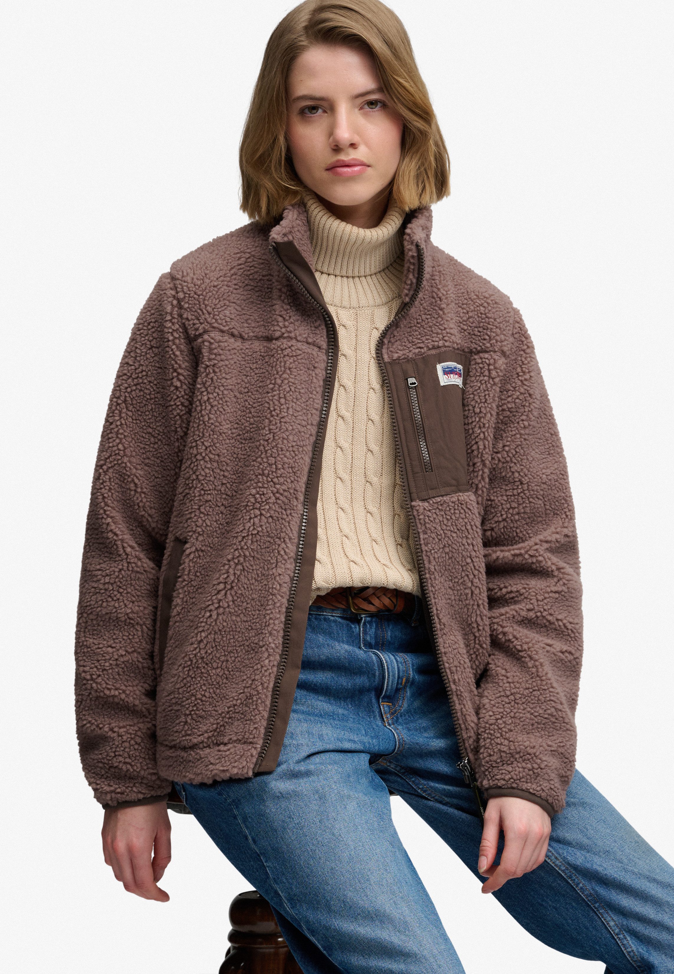 Superdry Kapuzensweatjacke HERITAGE ZIP THROUGH FLEECE Kunstfaser, relaxed fit