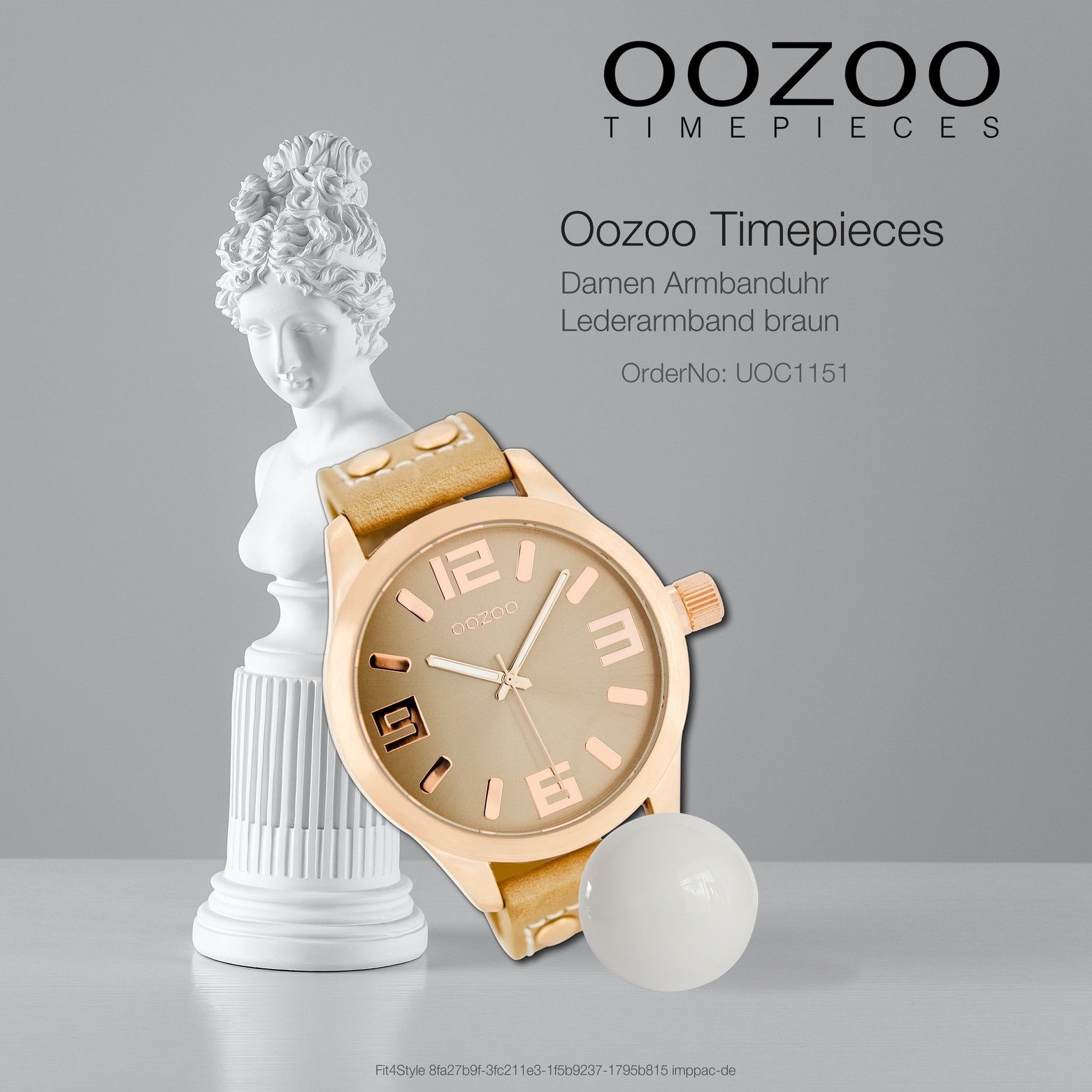 46mm) Damenuhr OOZOO Lederarmband, sand, Oozoo (ca. groß Quarzuhr rund, Fashion-Style Armbanduhr Damen extra