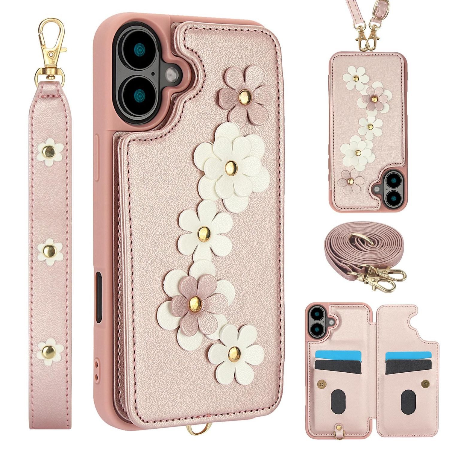Wigento Handyhülle Für Apple iPhone 17 Hülle Crossbody Kunstleder Blumenmuster Rose Gold, Mit Kartenfächern, Gurt, Kickstand-Funktion