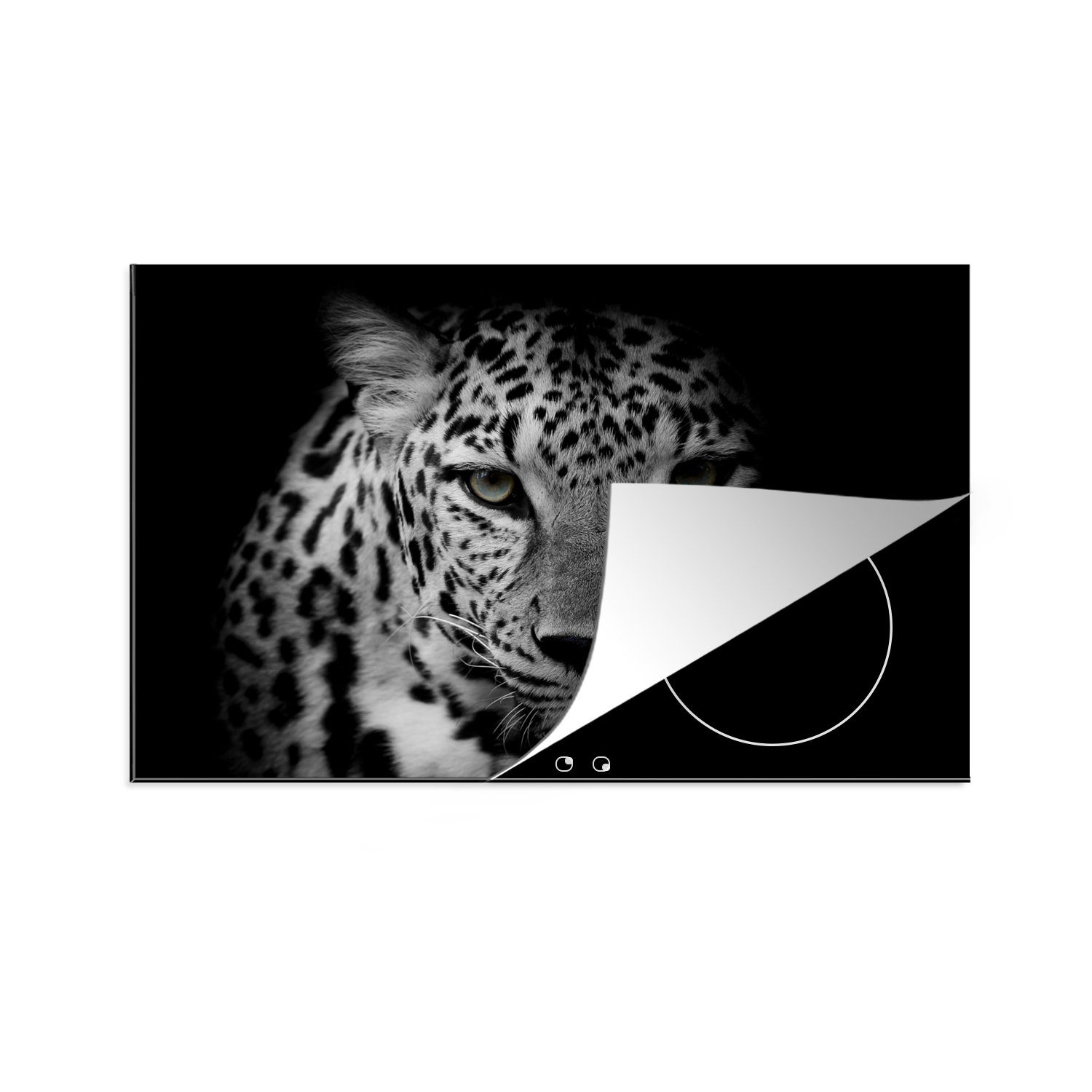 MuchoWow Herdblende-/Abdeckplatte Tiere - Schwarz - Weiß - Panther - Porträt, Vinyl, (1 tlg), 81x52 cm, Ceranfeldabdeckung, Arbeitsplatte für küche