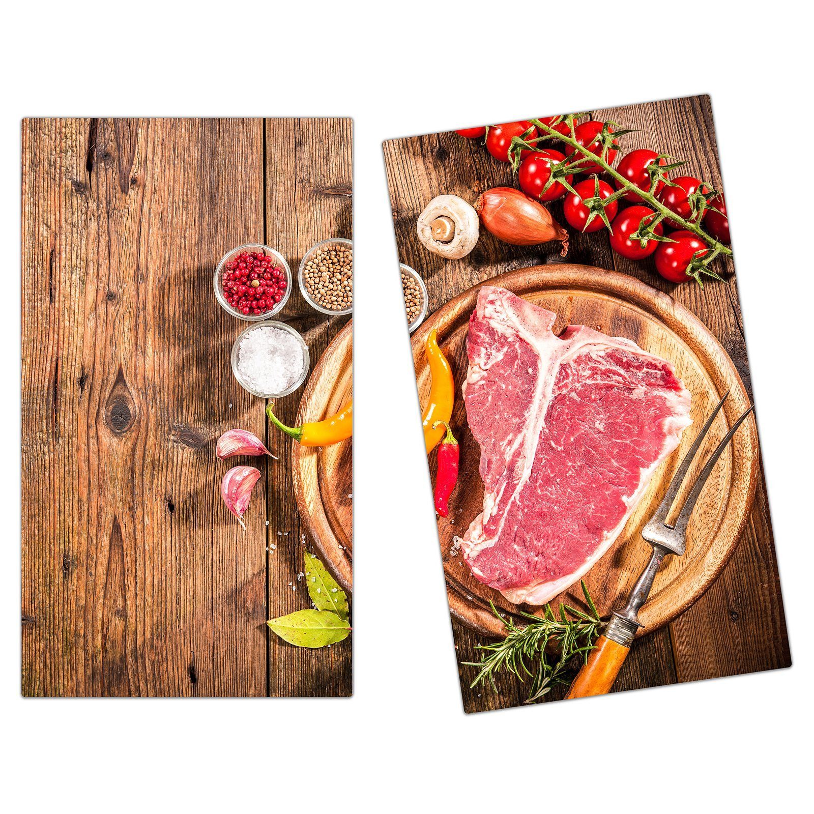 Primedeco Herd-Abdeckplatte Herdabdeckplatte Spritzschutz aus Glas T-Bone Steak im Teller, Glas, (2 tlg) | Herdabdeckplatten