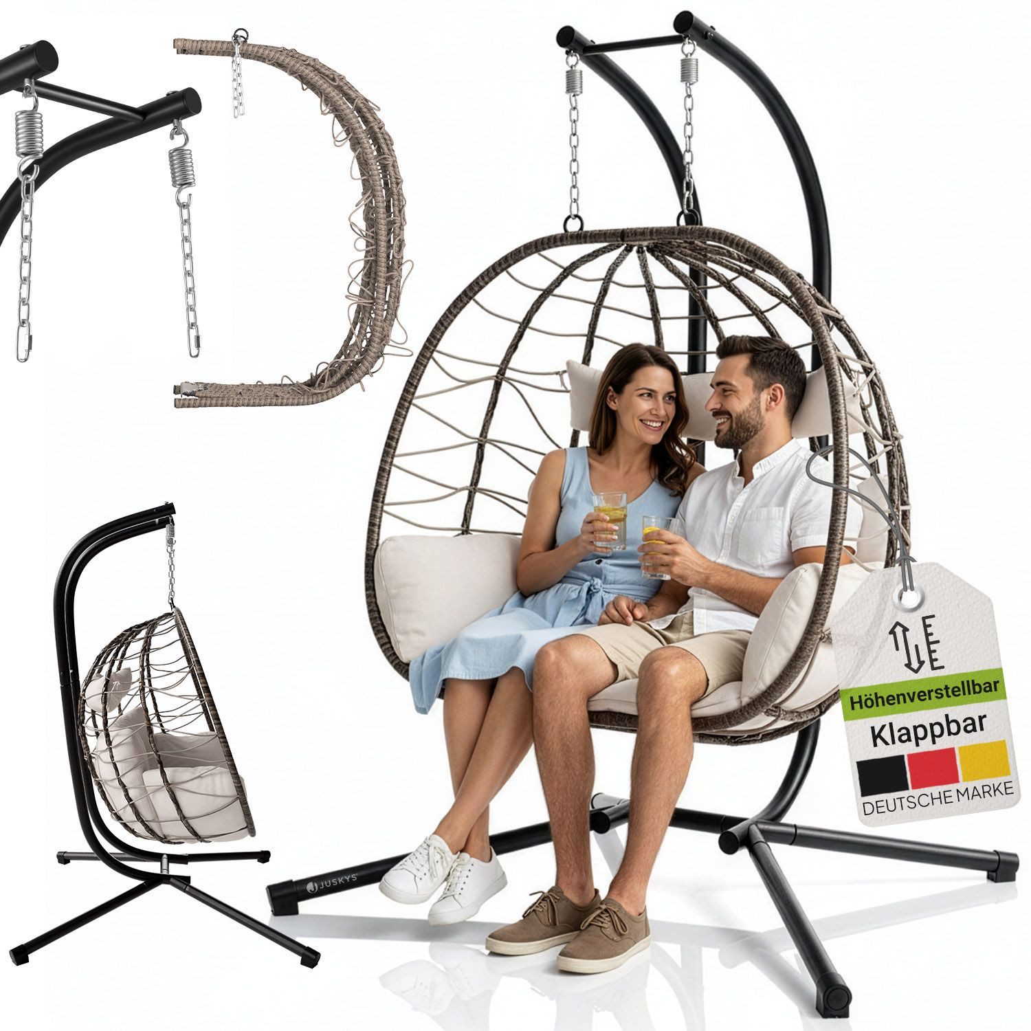 Juskys Hängesessel Aria, Polyrattan Doppelhängesessel, Schaukel mit Gestell & Kissen
