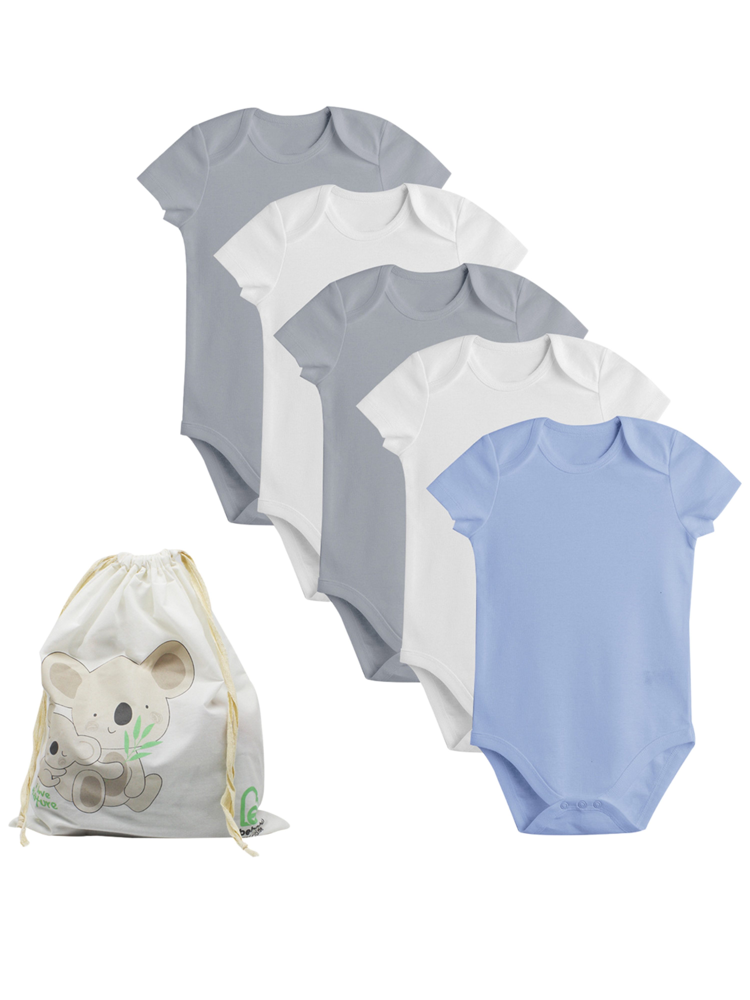 biorganic Kurzarmbody GOTS zertifiziert 5 Stück Baby Body Kurzarm für Junge & Mädchen (Set, 6-tlg., 5er-Pack Bodys & 1 Beutel) 100% Baumwolle (Bio), Babybekleidung mit Druckknöpfen, Unifarben