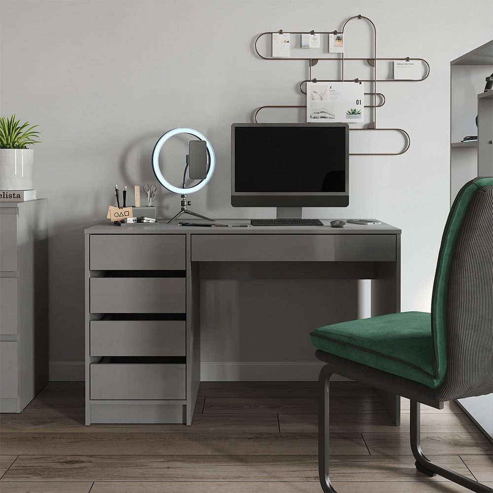 Vicco Schreibtisch Sherry, Grau Hochglanz, 55 x 120 cm mit Schubladen (1-St)