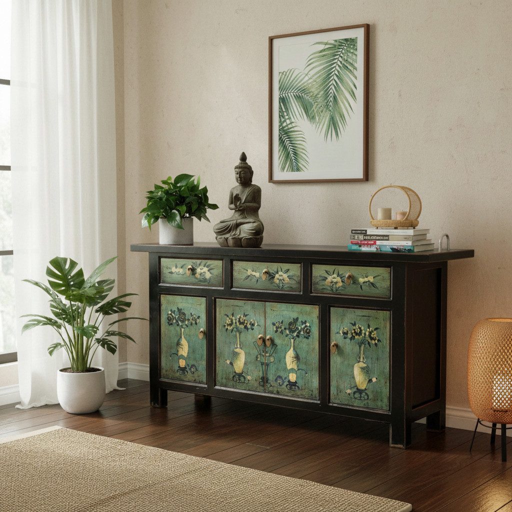 OPIUM OUTLET Sideboard Kommode Vintage Möbel mit authentischen Motiven (Asia Asiatisch Chinesisch Orientalisch Antik-Stil shabby-chic, aus Holz, Schrank Hochzeitsschrank Anrichte Büffet Vitrine), B x T x H: 170 x 45 x 85 cm, komplett montiert