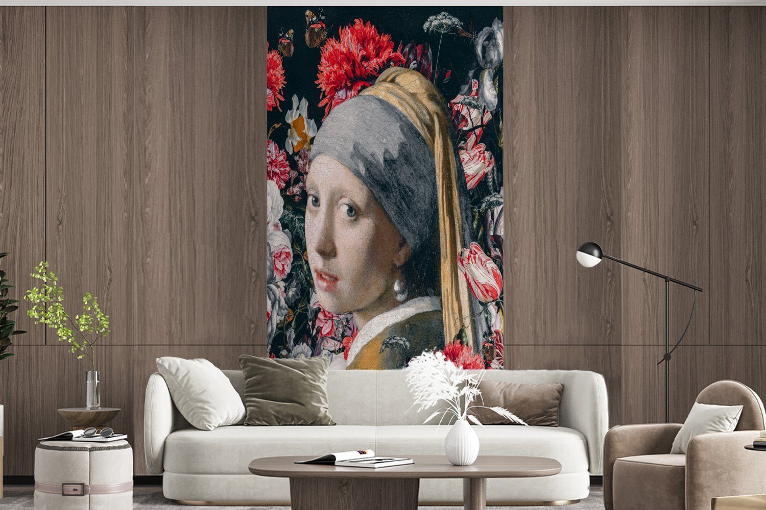 bedruckt, Fototapete Wohnzimmer Küche, St), - Schlafzimmer Vliestapete Mädchen Perlenohrring Blumen Das Fototapete für Matt, dem mit Vermeer, MuchoWow (2 -