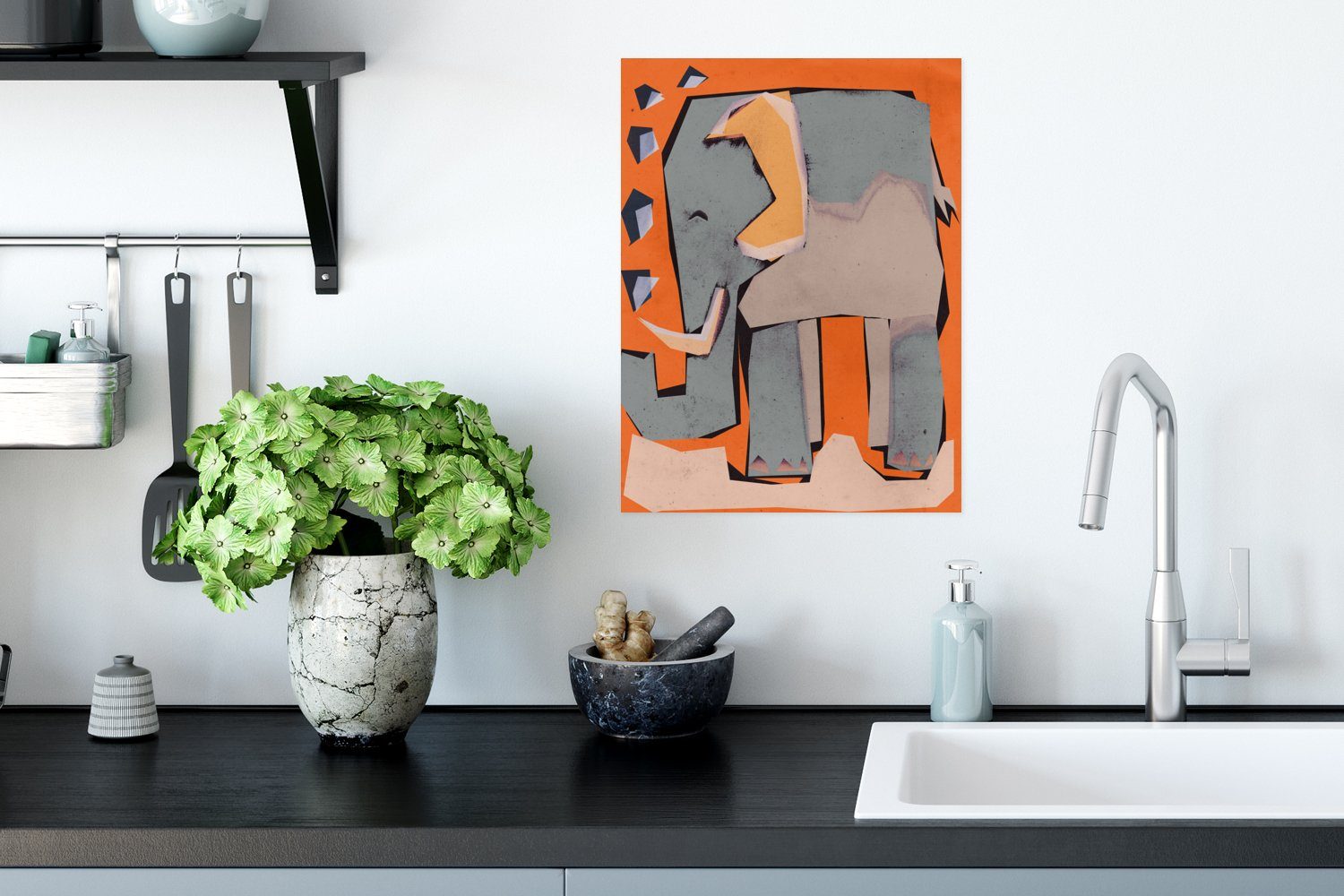 - Wohnzimmer, Tiere, Wandposter (1 St), Orange MuchoWow Poster, Wandbild, für Rahmen - - Elefant Kinder - Ohne Poster Pastell
