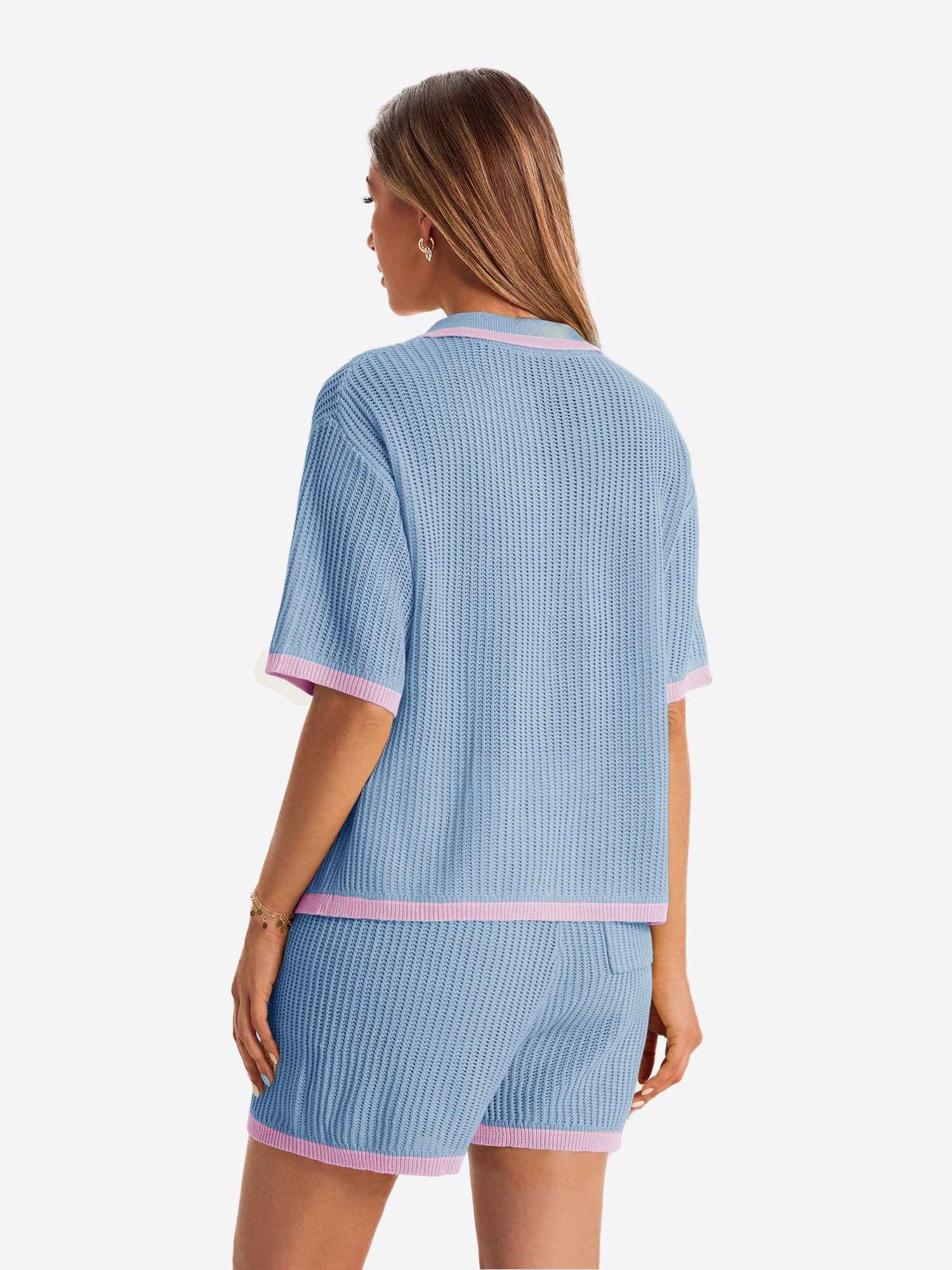 Imily Bela Hausanzug Damen Häkel 2-teiliger Set (Set, 2 tlg., Strickjacke + Shorts) Kontrastfarbige Details – Bild 2 von 5