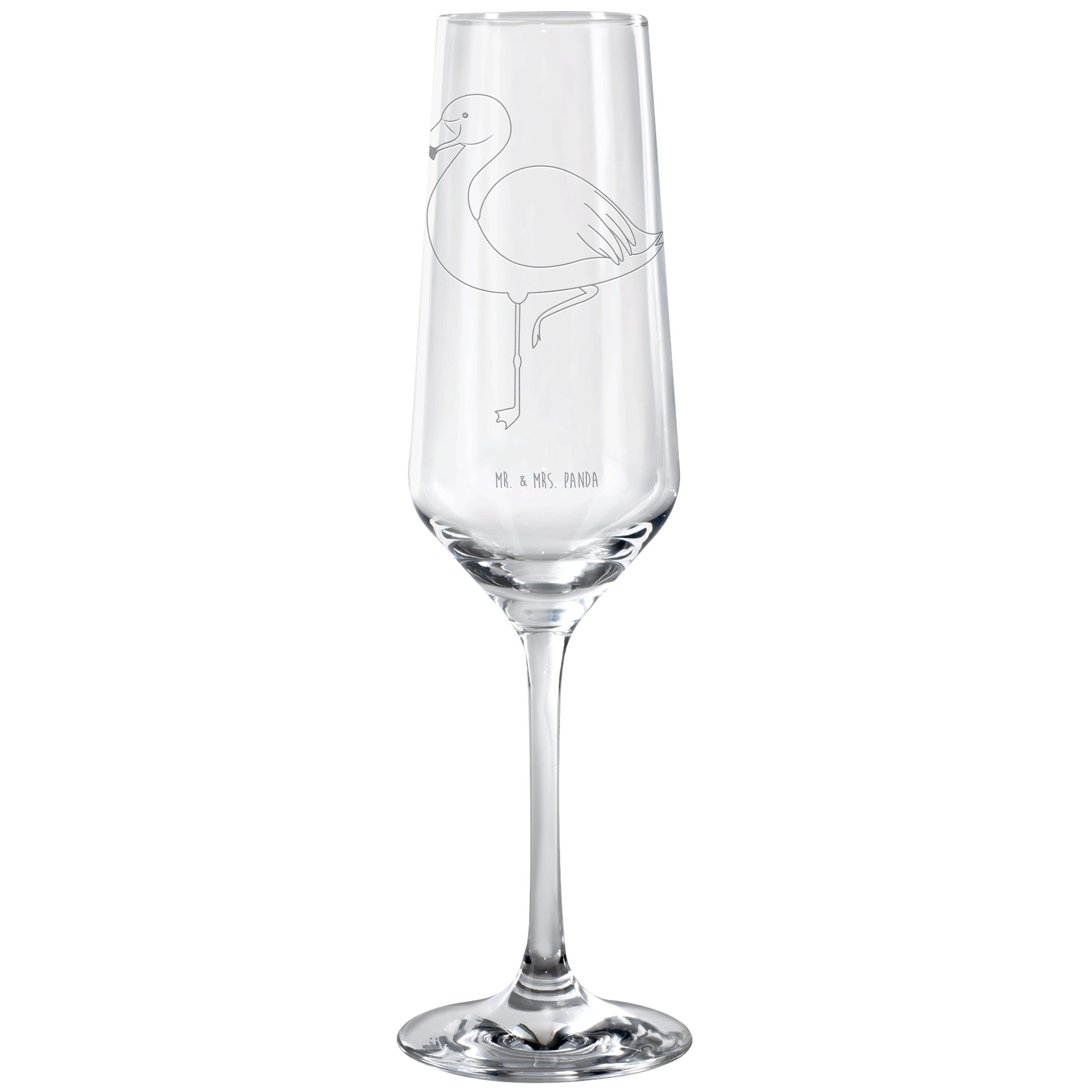 Mr. & Mrs. Panda Sektglas Flamingo Classic - Transparent - Geschenk, Spülmaschinenfeste Sektglä, Premium Glas, Detailreiche Gravur