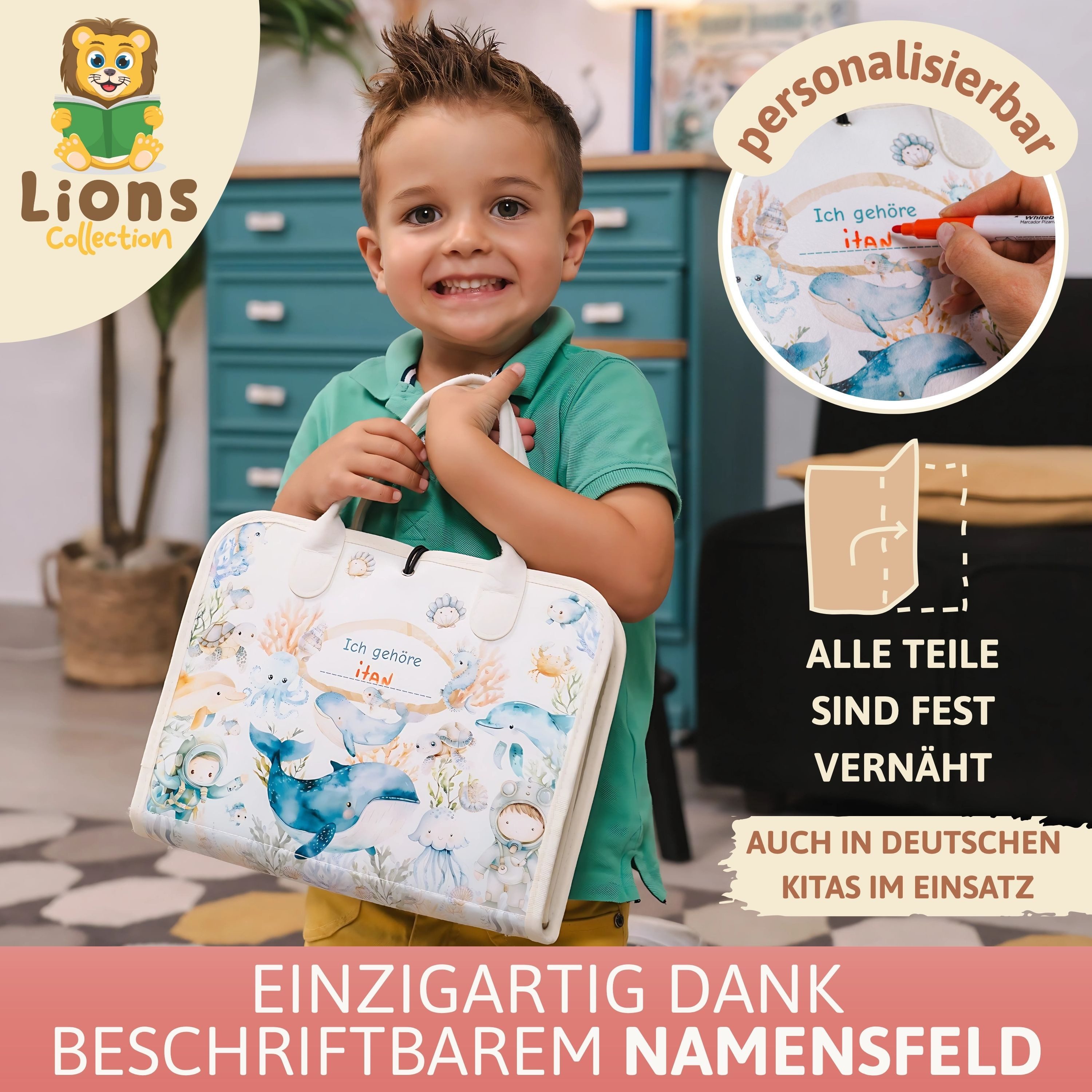Lions Collection Lernspielzeug Busy Board Deutsch - vernäht - Montessori Spielzeug - Motorikmappe – Bild 2 von 5