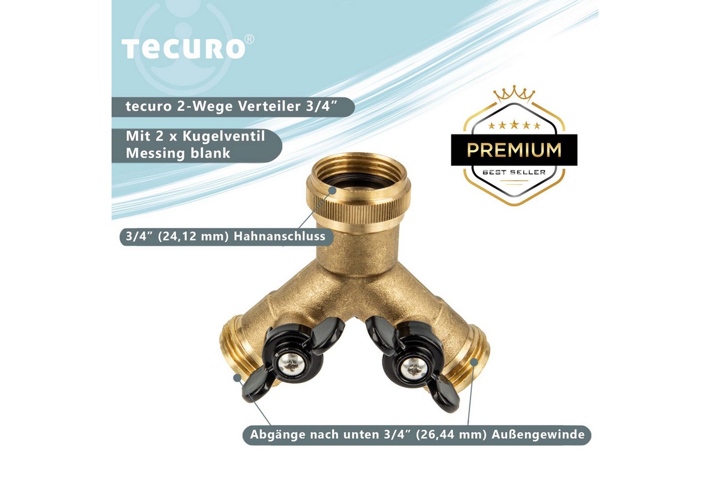 Thumbnail - tecuro Bewässerungssystem 2-Wege Y-Verteiler 3/4 Zoll mit 2 Absperrhähnen - für Auslaufventile
