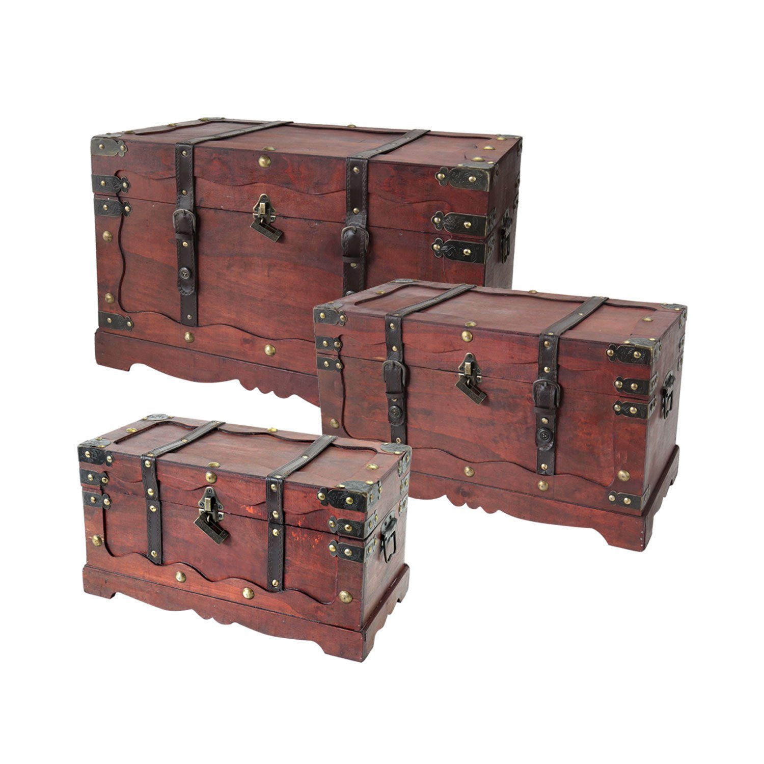 HMF Schatzkiste Schatztruhe Frankreich aus Holz mit dekorativem Metallschloss (3er Set), handgefertigte Holztruhe, verschiedene Größen