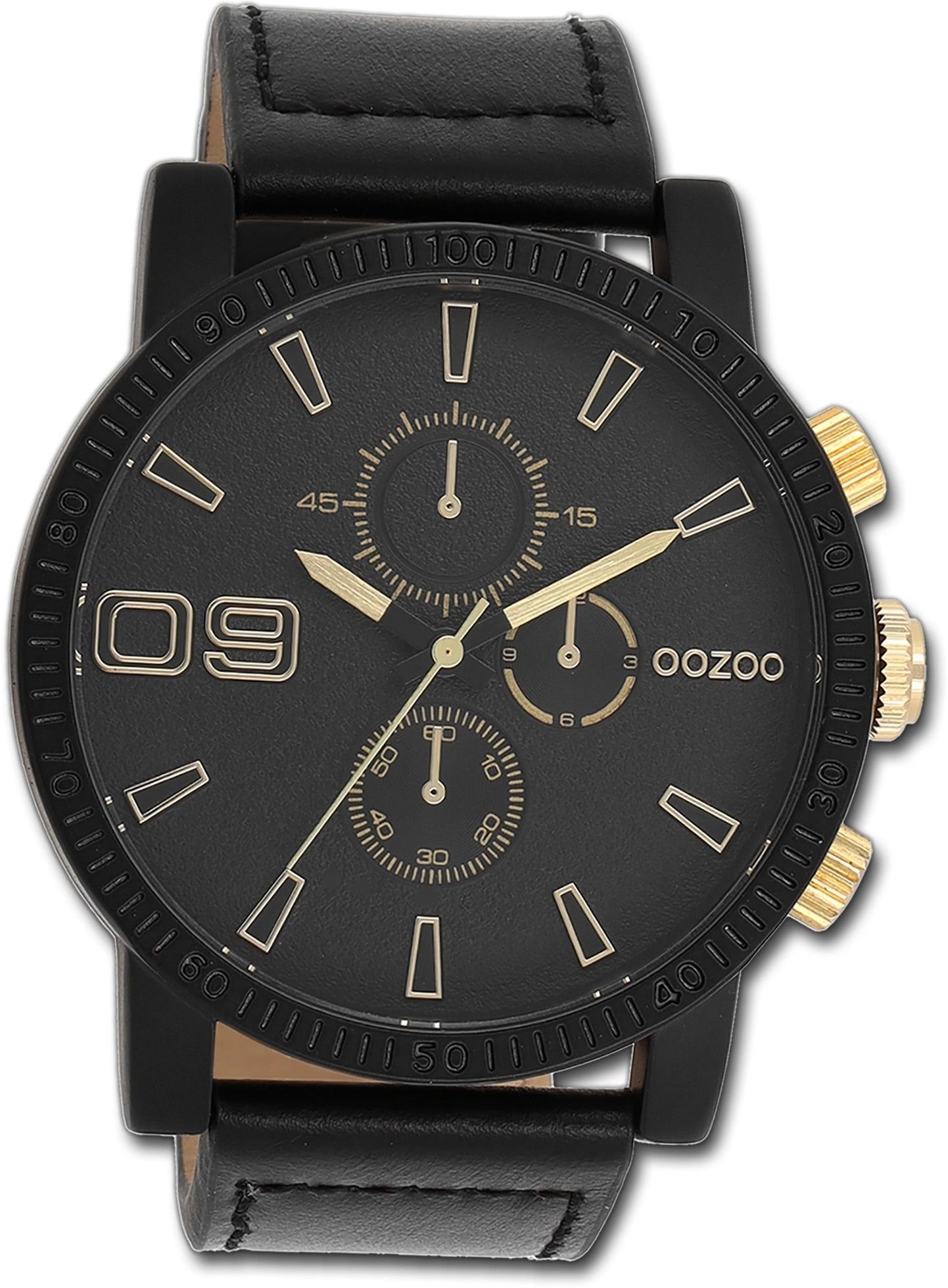 OOZOO Quarzuhr Oozoo Herren Armbanduhr Timepieces, Herrenuhr Lederarmband schwarz, rundes Gehäuse, extra groß (ca. 48mm)