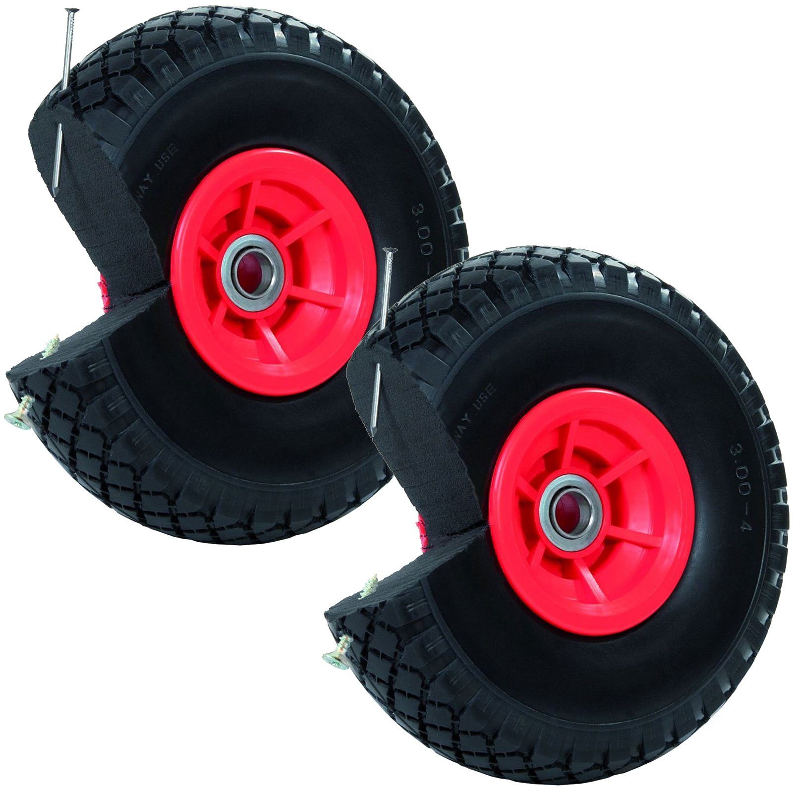Sackkarren-Rad 2xPU-Rad 260x85 mm versetzte Nabe Ø 20 mm rot Vollgummi Bollerwagen