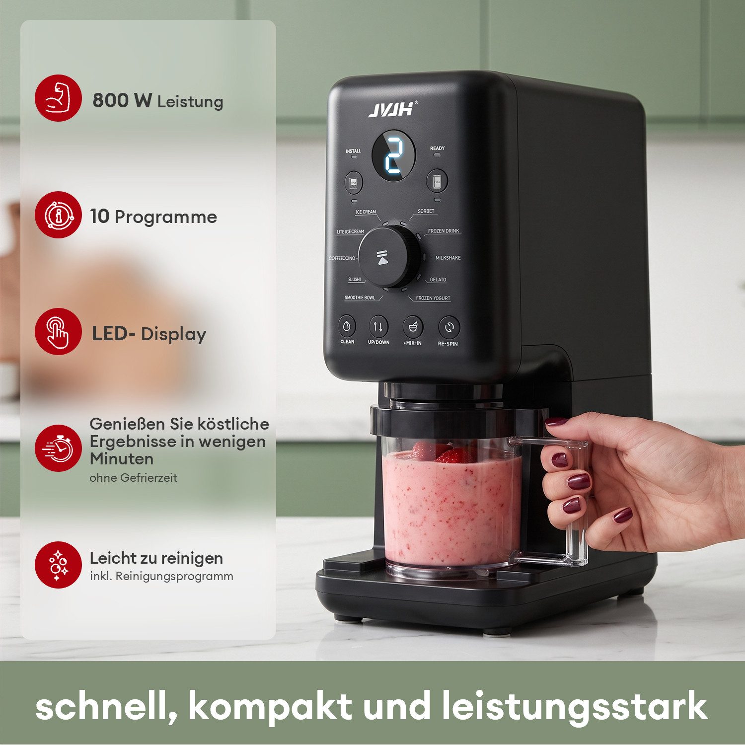 JVJH Eismaschine für Zuhause,10 Programme,2L,Gefrierbehälter 650 ml*3,Selbstreinigung, 2 l, 800 W, Spülmaschinengeeignete Teile,für Frozen Joghurt, Sorbet und Eiscreme