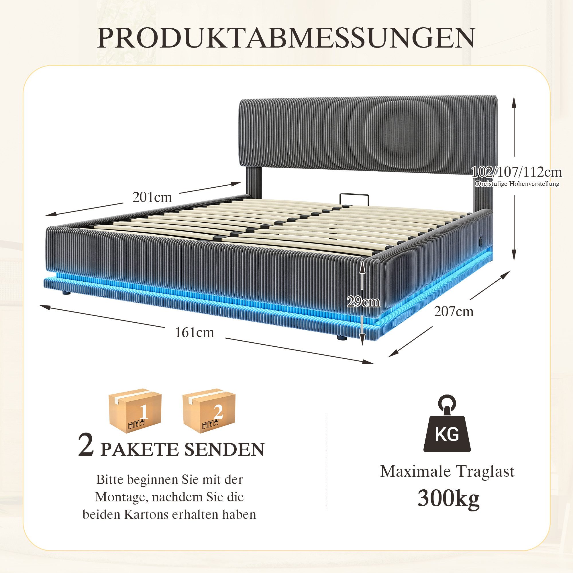 TavilaEcon Boxspringbett Moderne Polsterbetten mit LED-Beleuchtung und USB-C-Ladefunktion (1-St), mit höhenverstellbarem Kopfteil, Cord-Stoff, stabilem Lattenro – Bild 4 von 5
