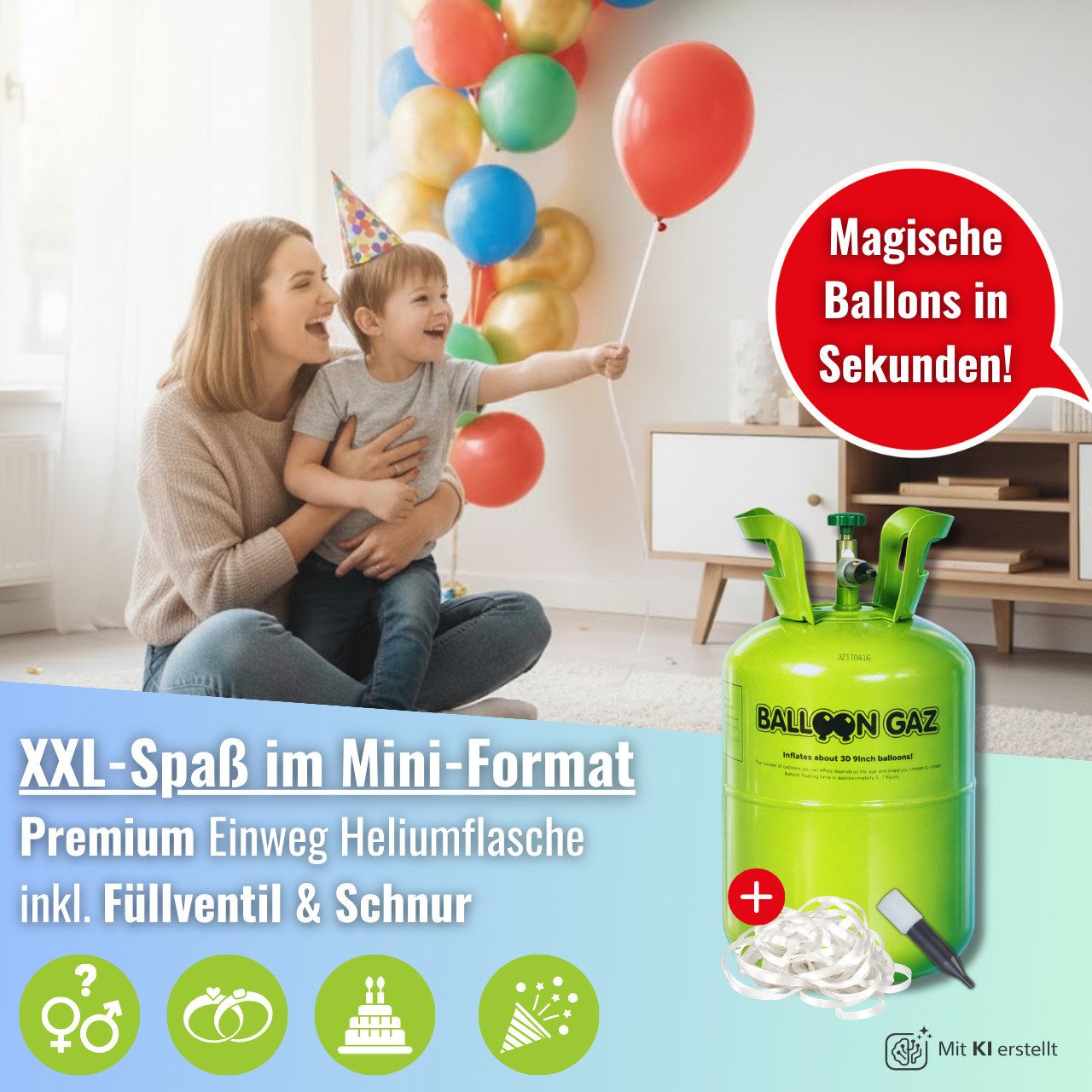 Folat Helium Ballongas Heliumflaschen Sets für bis zu 30-60 Luftballons - Helium, für Hochzeit, Geburtstag, Party für bis zu 30 Luftballons mit Zubehör