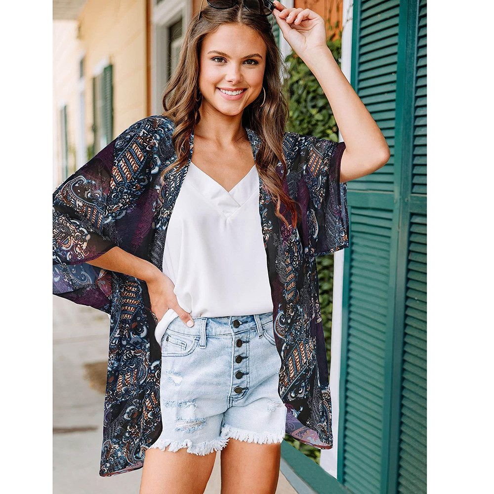 Zaewry Kimono Damen Kimono Cardigan, Sommer-Strandbluse, lockere Strandtunika, Floraler Druck, leichte Strandüberwurf, luftig für Urlaub und Strand