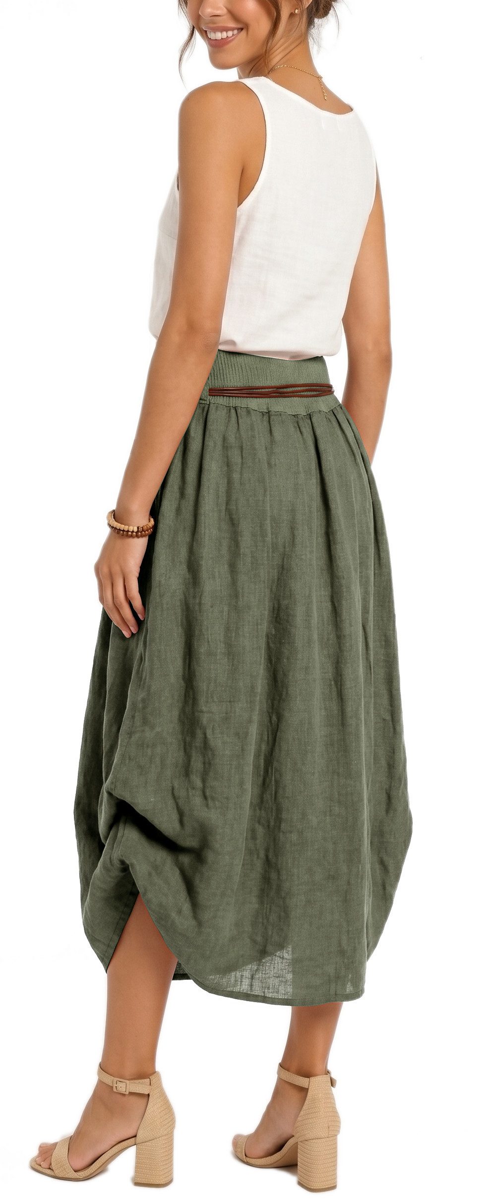 dy_mode Ballonrock Damen Leinenrock Midi Ballonrock Sommerrock Midirock in Unifarbe, mit Teil-Gummibund, Variabler 2-in-1 Look