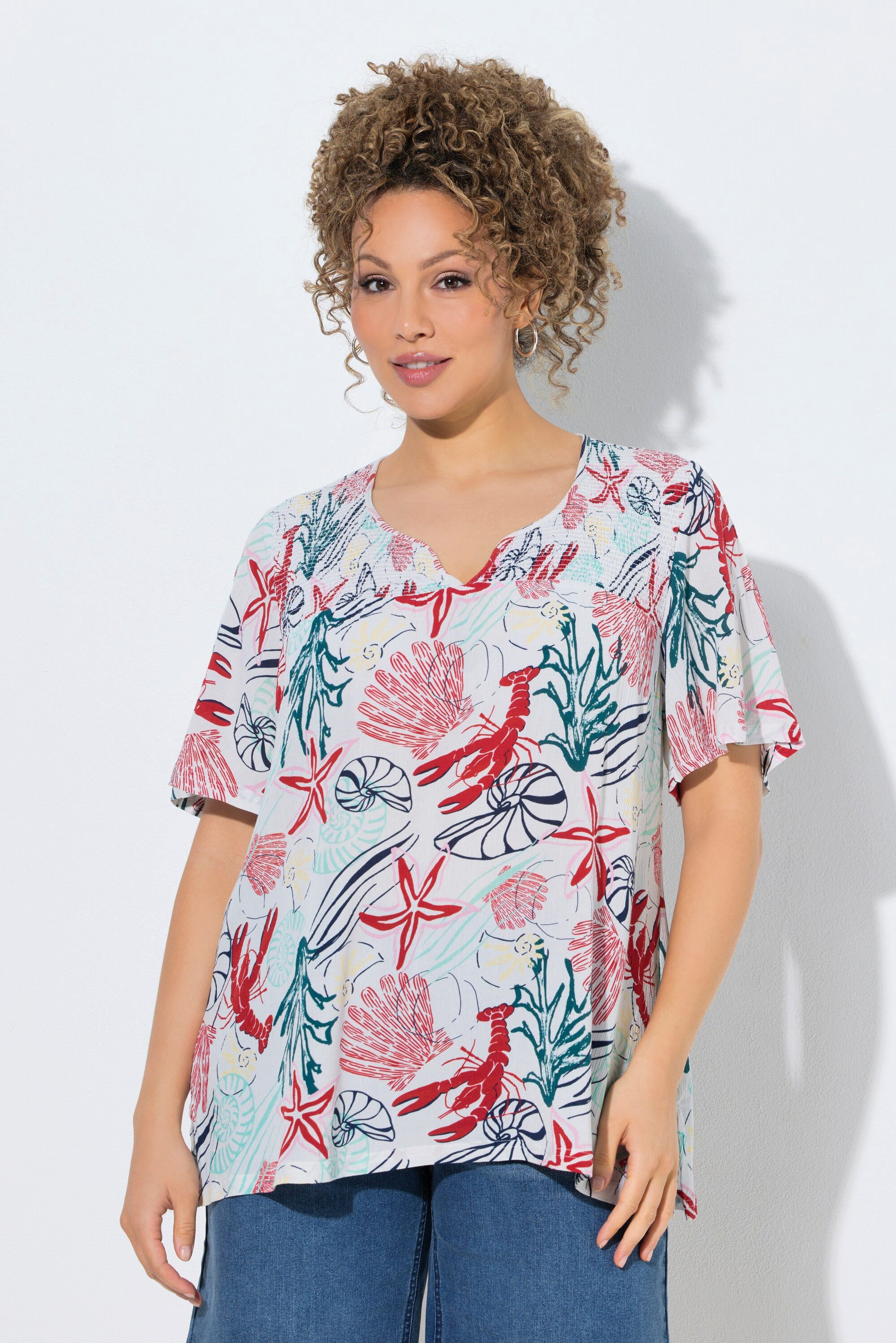 Ulla Popken Druckbluse Smok-Bluse maritimer Druck Tunika-Ausschnitt