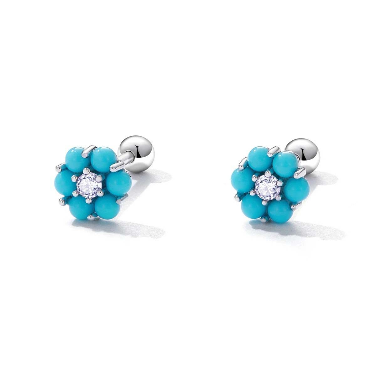 Paar Ohrstecker zarte Blume Ohrstecker, Zirkonia türkis blau, 925er Silber