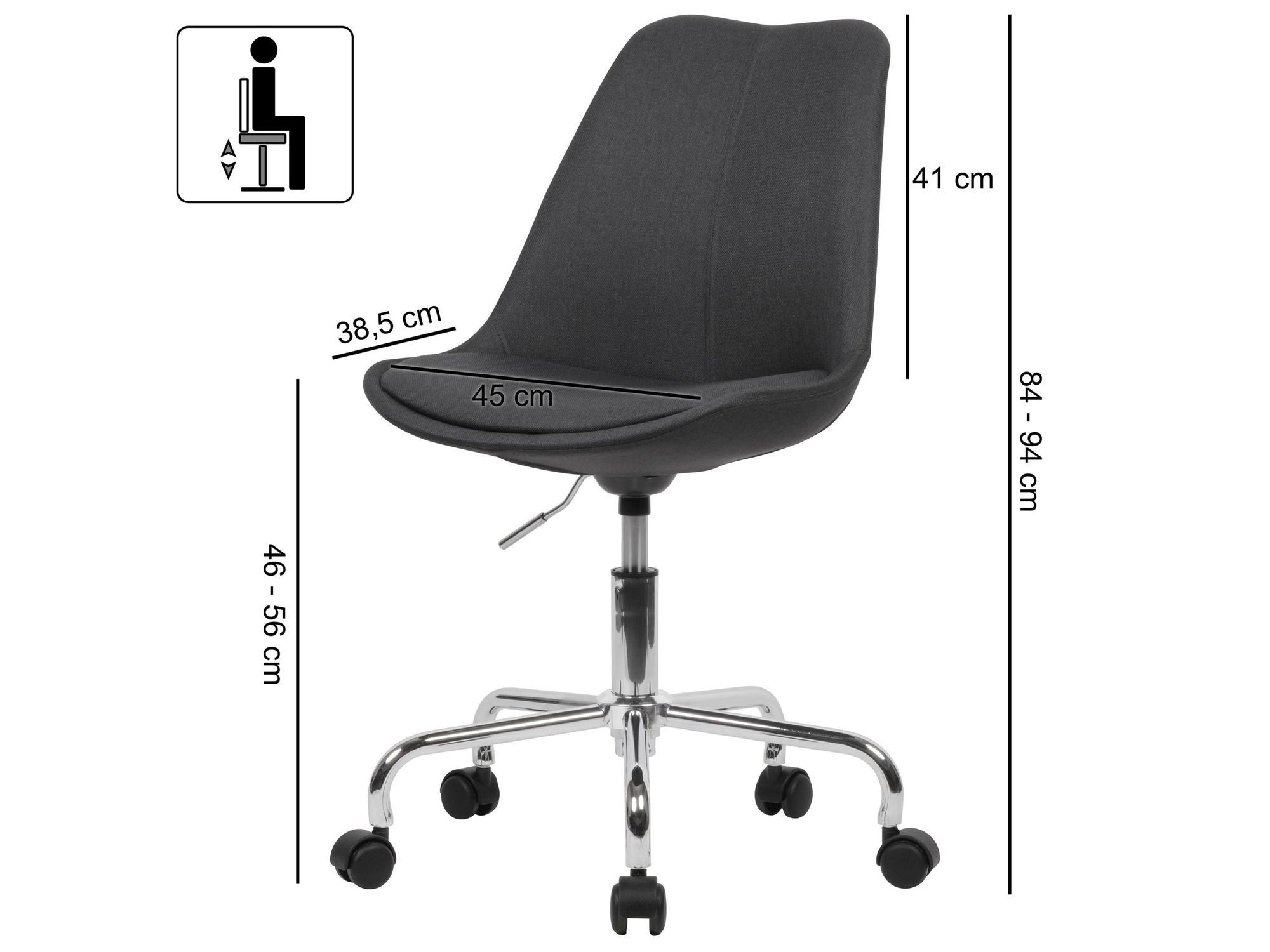 FINEBUY Drehstuhl Schreibtischstuhl Stoff Stuhl mit Rollen 110 kg Schalenstuhl (Arbeitsstuhl, Schalenstuhl mit Rollen 110 kg), Schreibtischstuhl Schwarz Stoff ohne Armlehnen