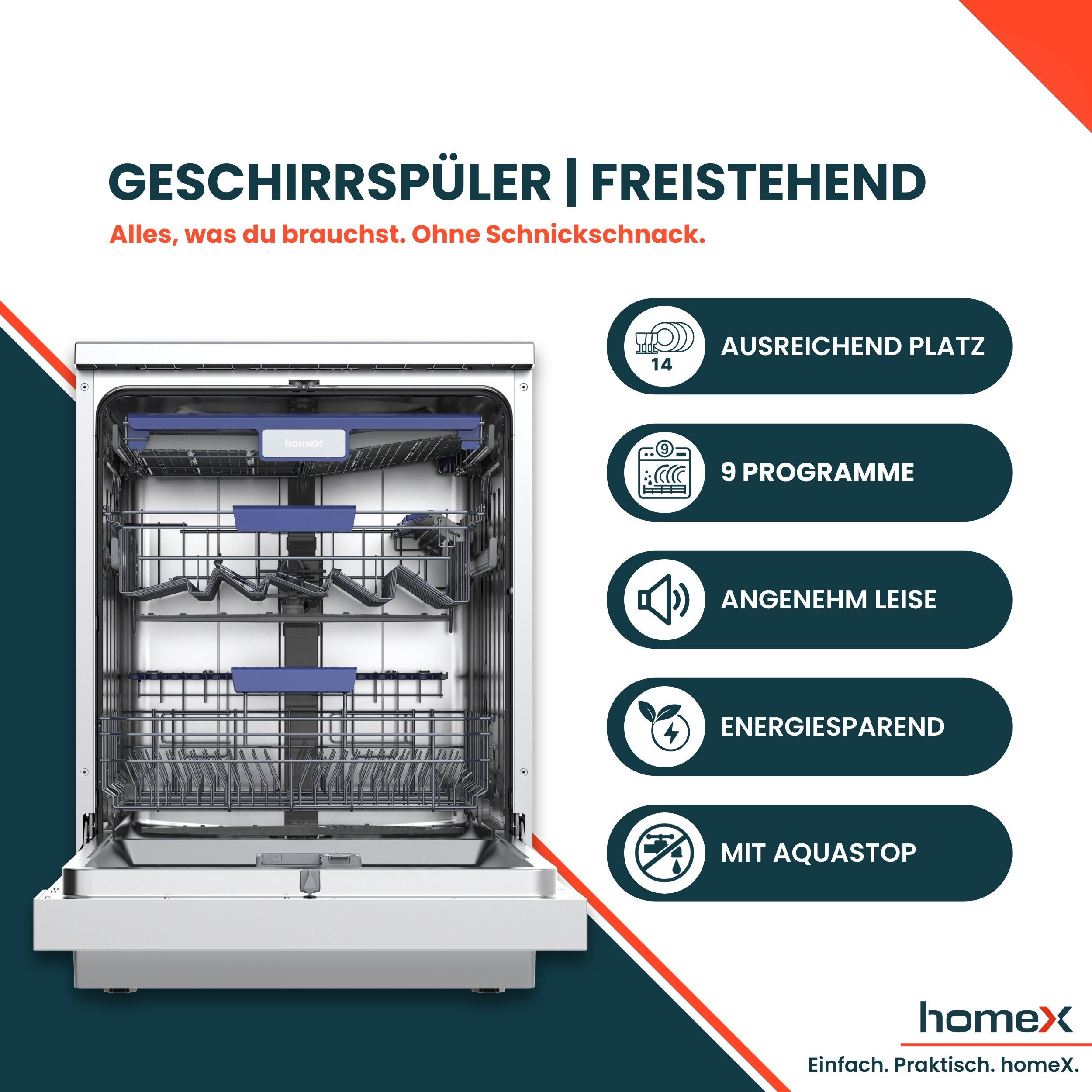 homeX Standgeschirrspüler DWFS601442A-S, 10 l, 14 Maßgedecke, Spülmaschine freistehend 60 cm, 14 Gedecke, AquaStop, unterbaufähig