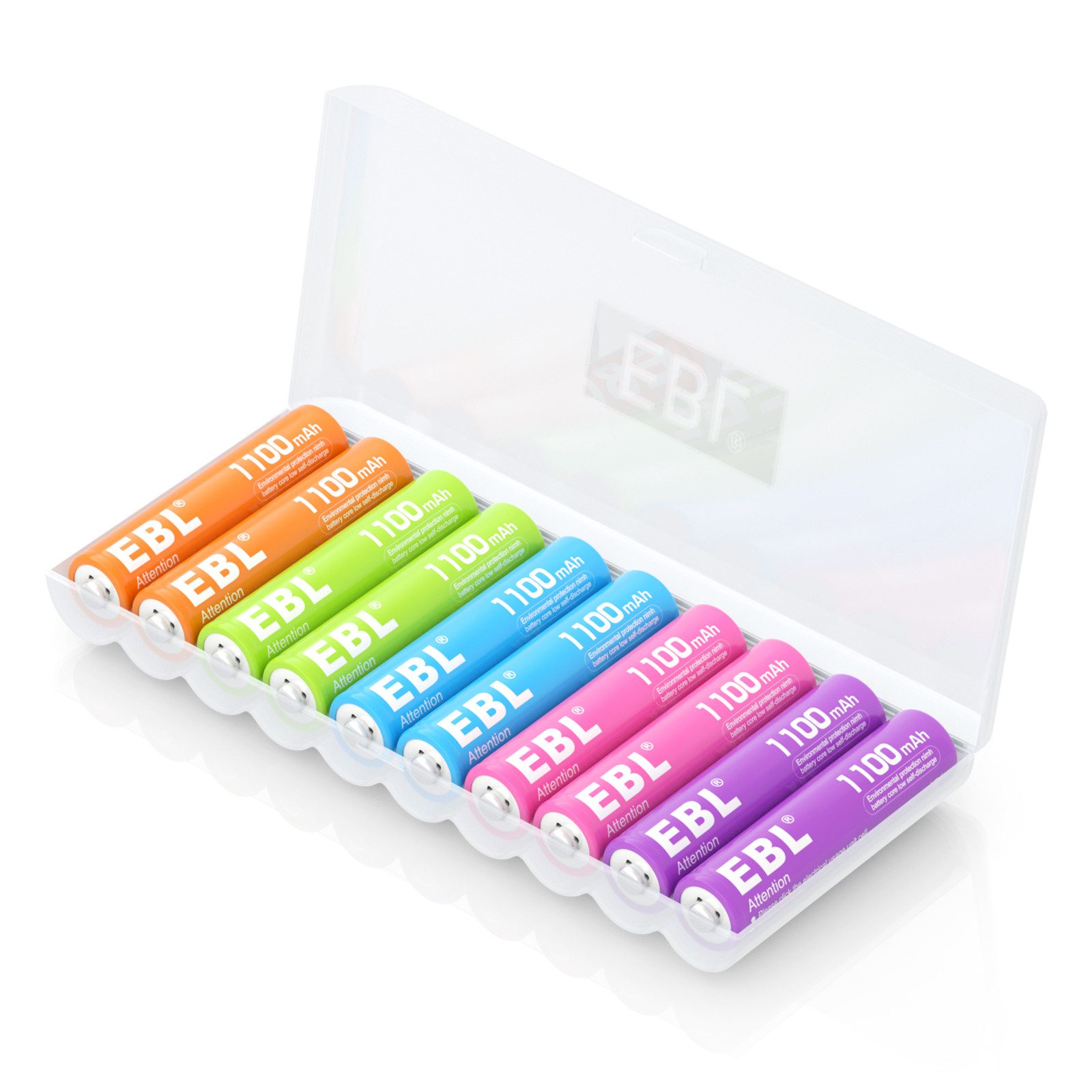 EBL 10 Stück Mehrfarbig Wiederaufladbare-Batterien, 1.2V NiMH AAA 1100mAh Akku (1,2 V), mit Akkuboxs
