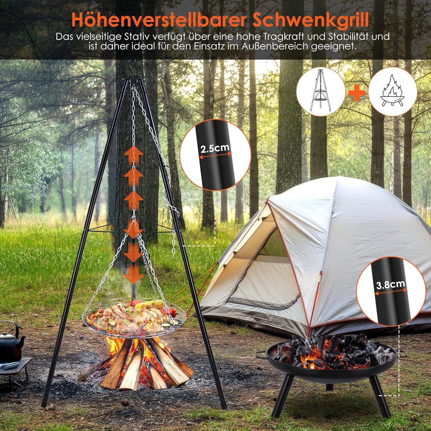 TLGREEN Fire Bowl with Height-Adjustable Chain (200 cm), (Fire Bowls for Garden, Camping, Yard), Swivel Grill with Fire Pit, Charcoal Grill, Grilling and Heating