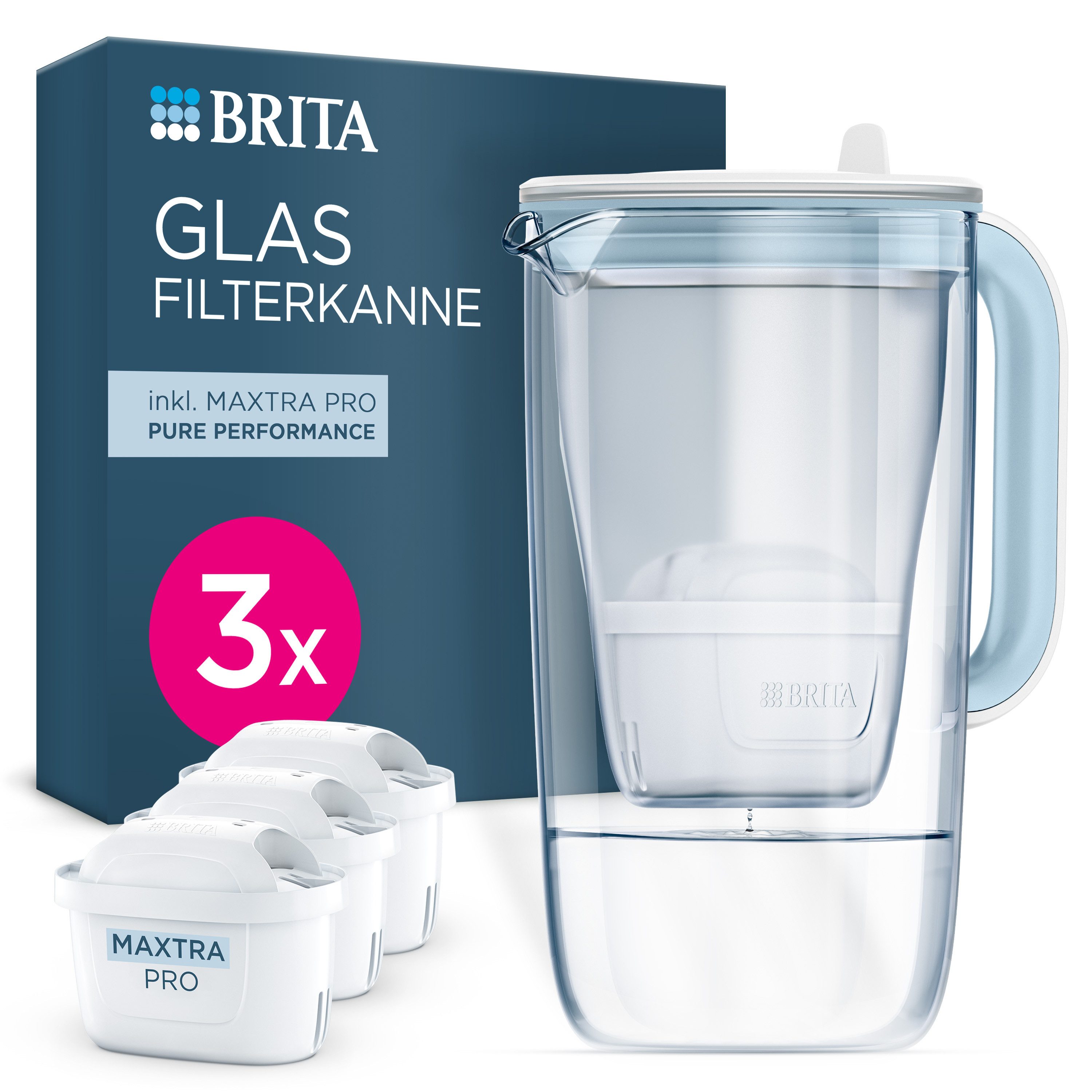 BRITA Wasserfilter Kanne Glas hellblau 2,5L inkl. 3 MAXTRA PRO Pure Performance Kartusche, Premium Kanne aus Glas filtert Verunreinigungen, Kalk, Metalle & mehr