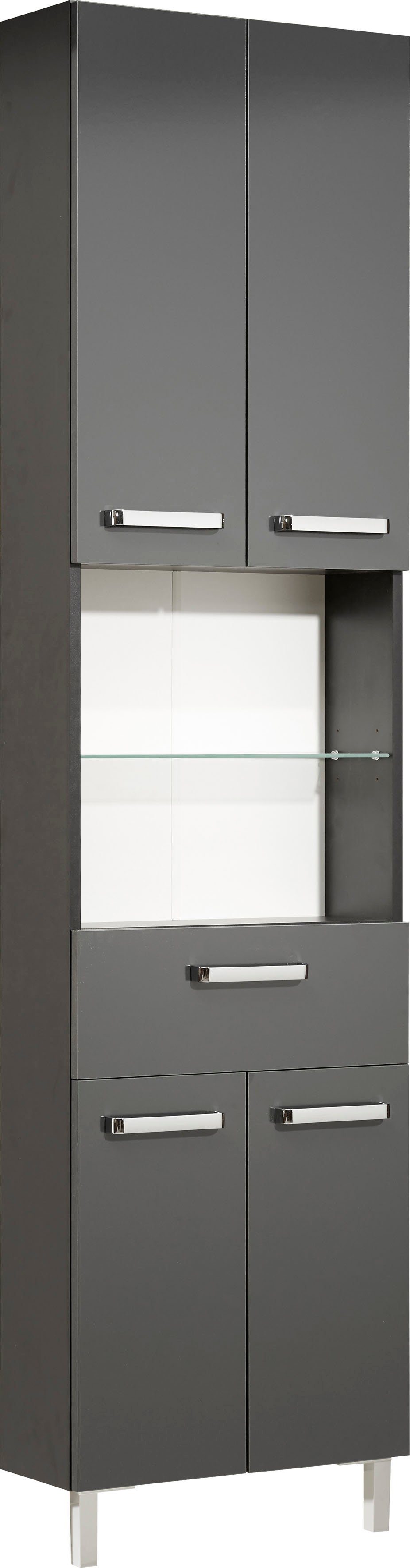 Saphir Hochschrank Quickset Badschrank 50 cm breit, 4 Türen, 2 Nischen, 1 Schublade Badezimmer-Hochschrank inkl. Türdämpfer, Griffe in Chrom glänzend