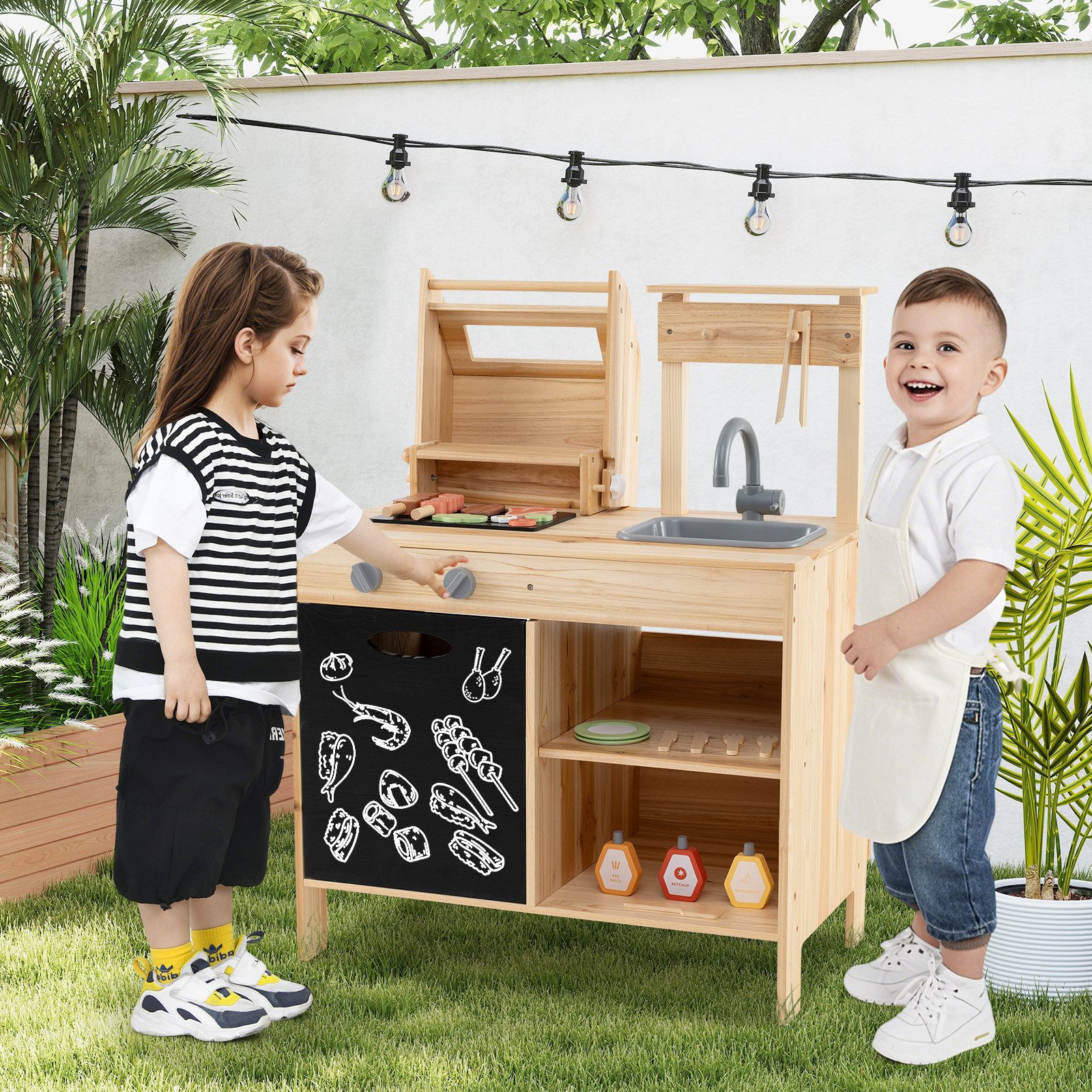 KOMFOTTEU Kinder-Grill, Matschküche Kinder mit Tafel, für Kinder ab 3 Jahren