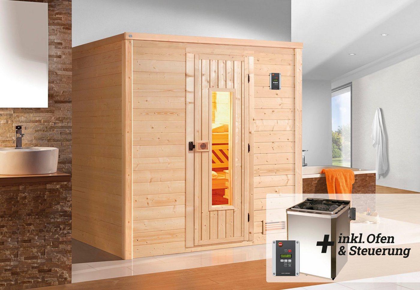 Thumbnail - weka Sauna Bergen, BxTxH: 195,5 x 195 x 205 cm, 45 mm, (Set) 7,5 kW Bio-Ofen mit digitaler Steuerung