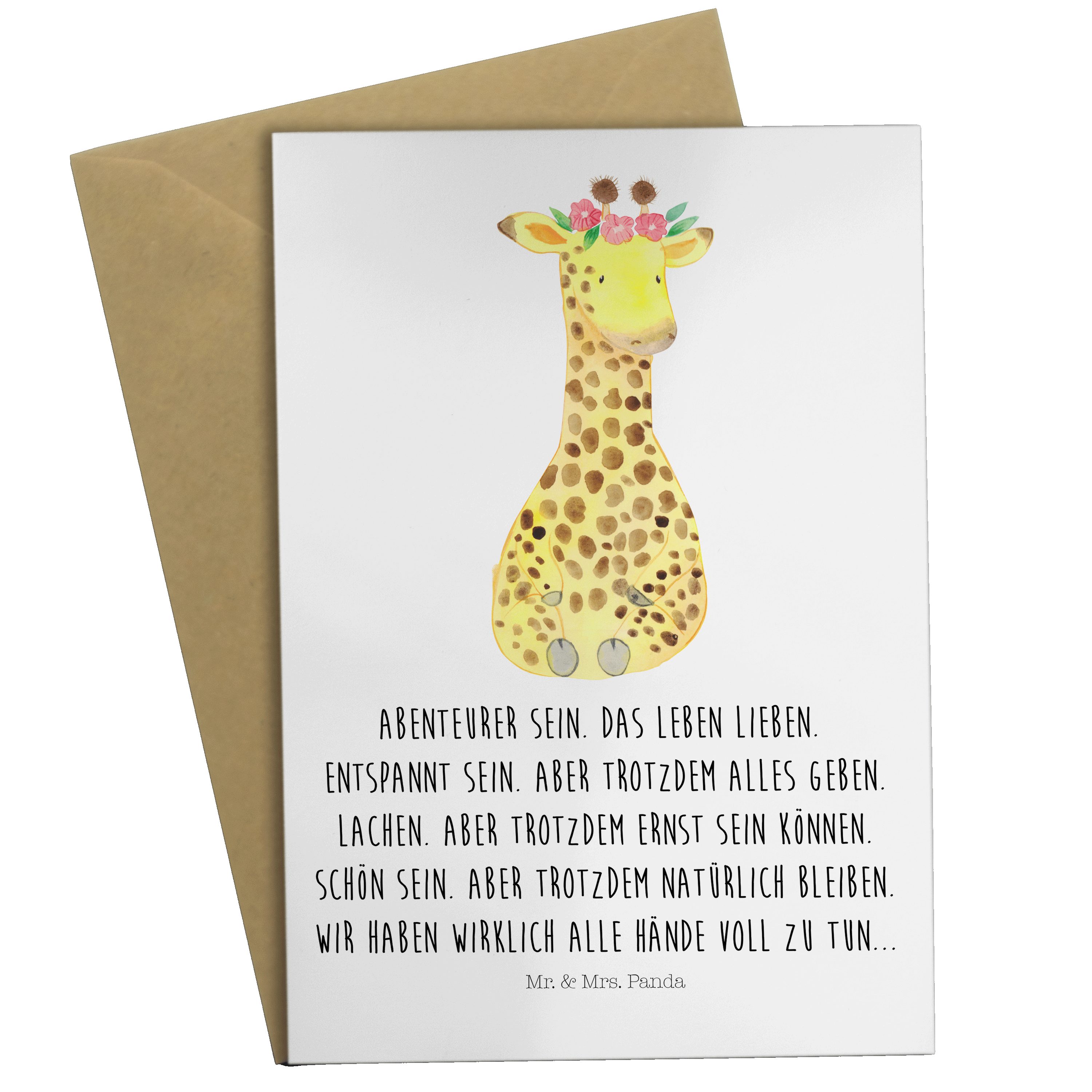 Mr. & Mrs. Panda Grußkarte Giraffe Blumenkranz - Weiß - Geschenk, Karte, Glückwunschkarte, Gebur