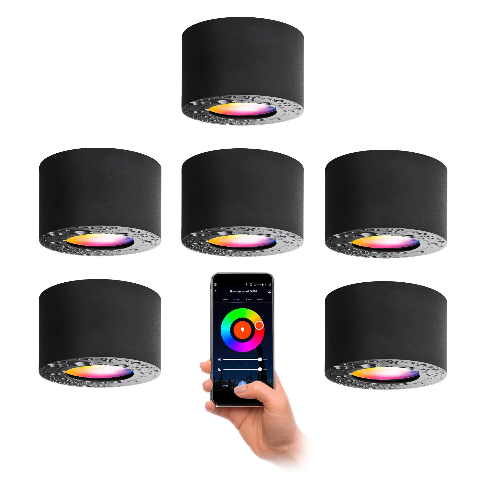 linovum LED Außen-Deckenleuchte Aufbauleuchte SMOL-W schwarz IP44 LED Birne SMART RGB 3CCT Aufbauspot, Smart