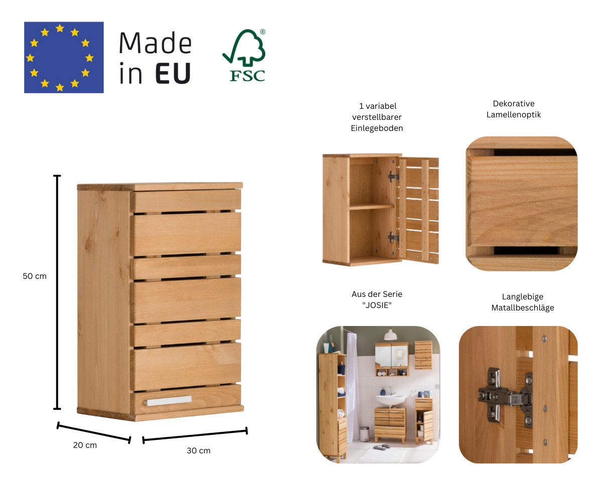 Home affaire Hängeschrank JOSIE Breite 30 cm, aus Massivholz, verstellbarer Einlegeboden, Metallgriff